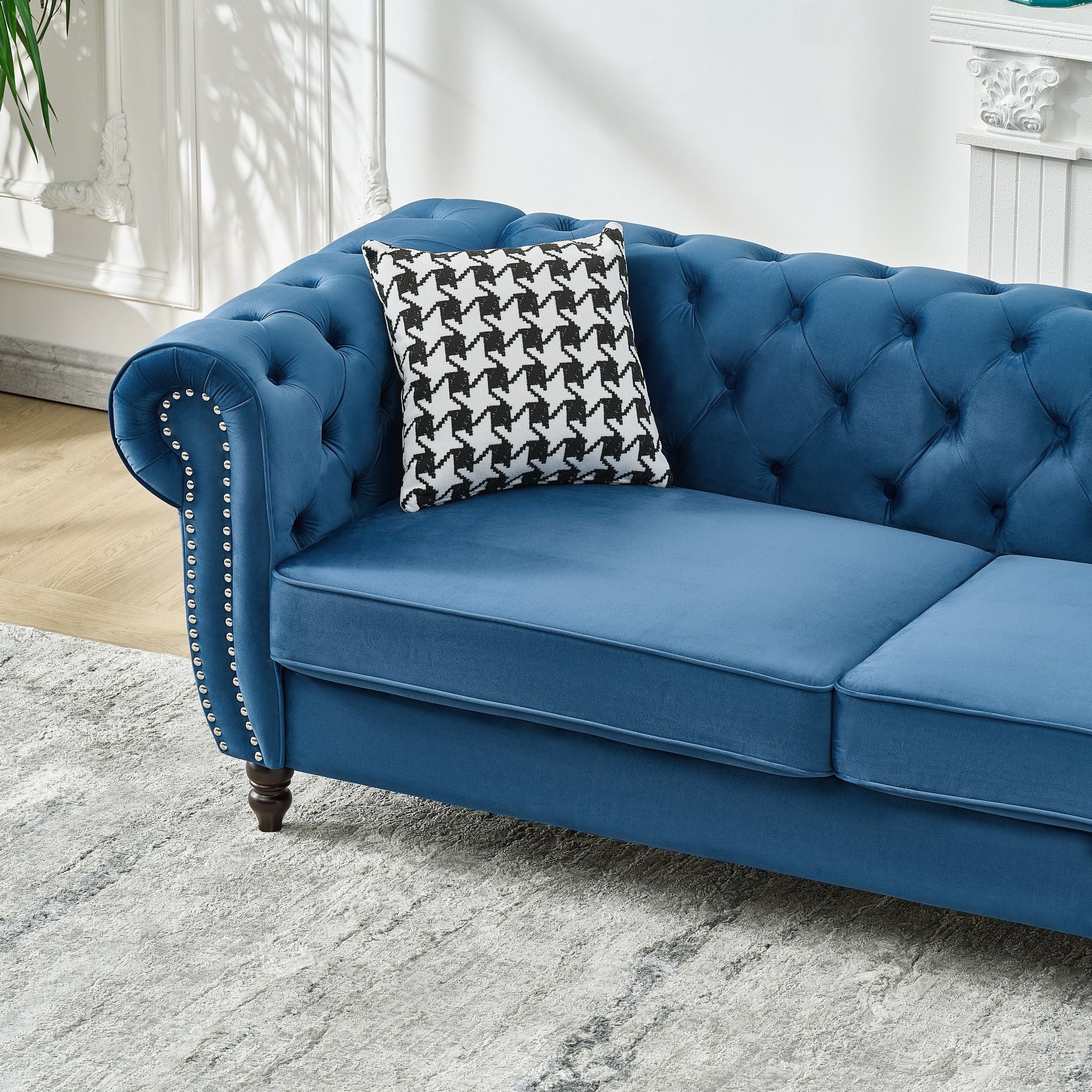 Chesterfield Velvet Fabric Sofa With Roll Armrest And Nailhead, Mid Century 2 Seater Couch In Blue