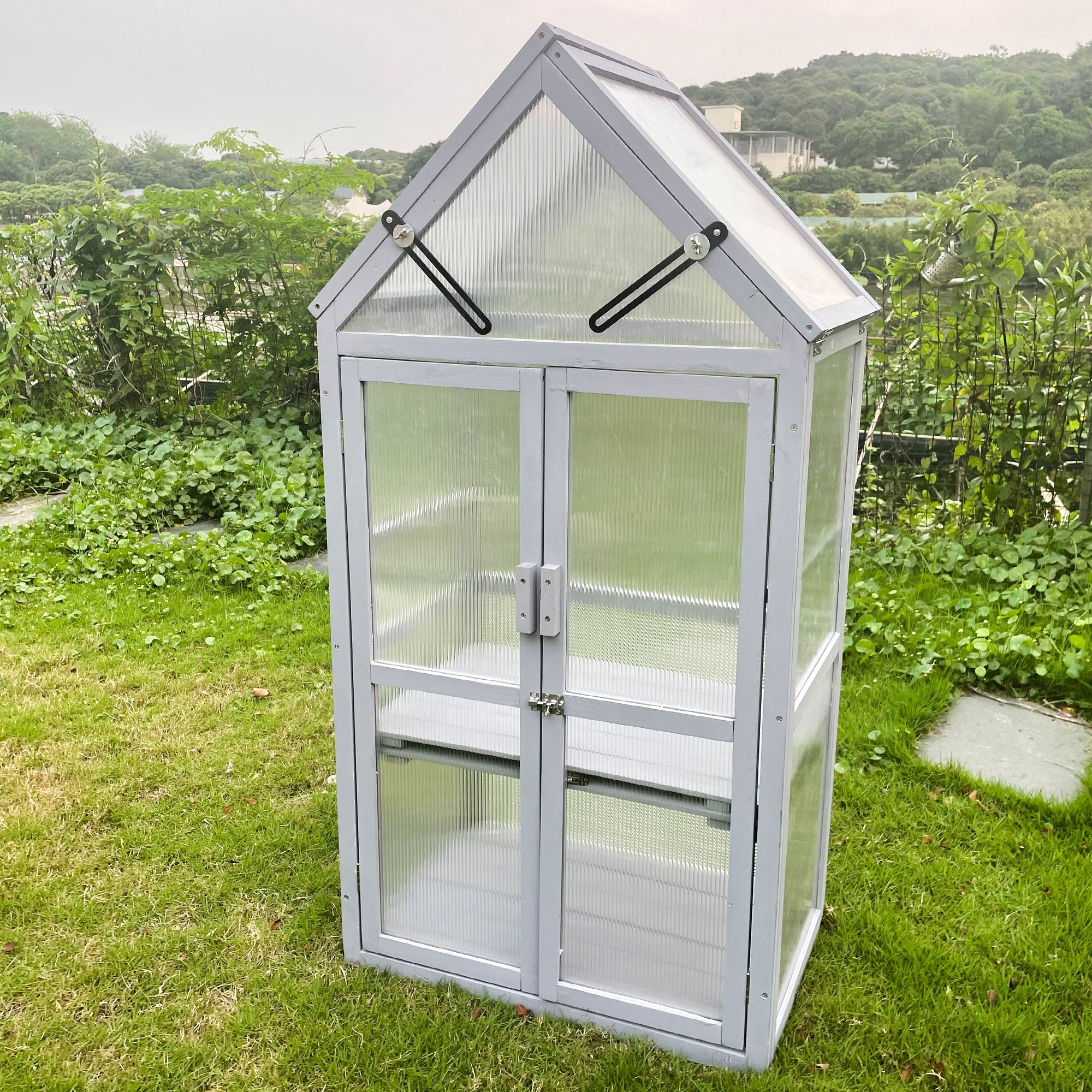 Mini Greenhouse Kit, Outdoor Small Green House, Wood, Plant Stand For Indoor Garden & Patio Balcony Apartments Porch Terrace Outsid Accessories, Uv-Resistant - Gray