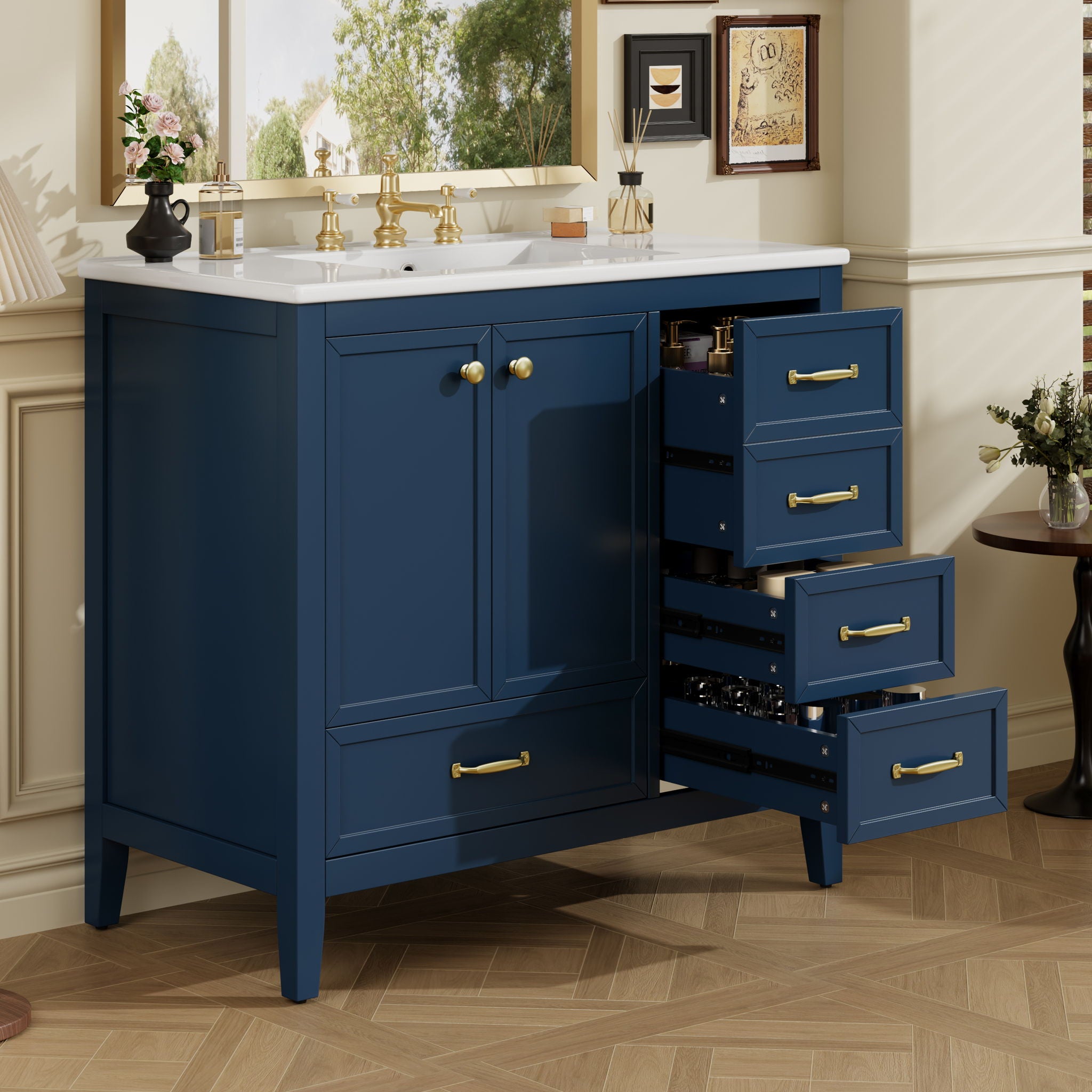 Elegant Vintage Bathroom Vanity & Sink And Soft Closing Door, 4 Drawers Of Different Sizes Frame