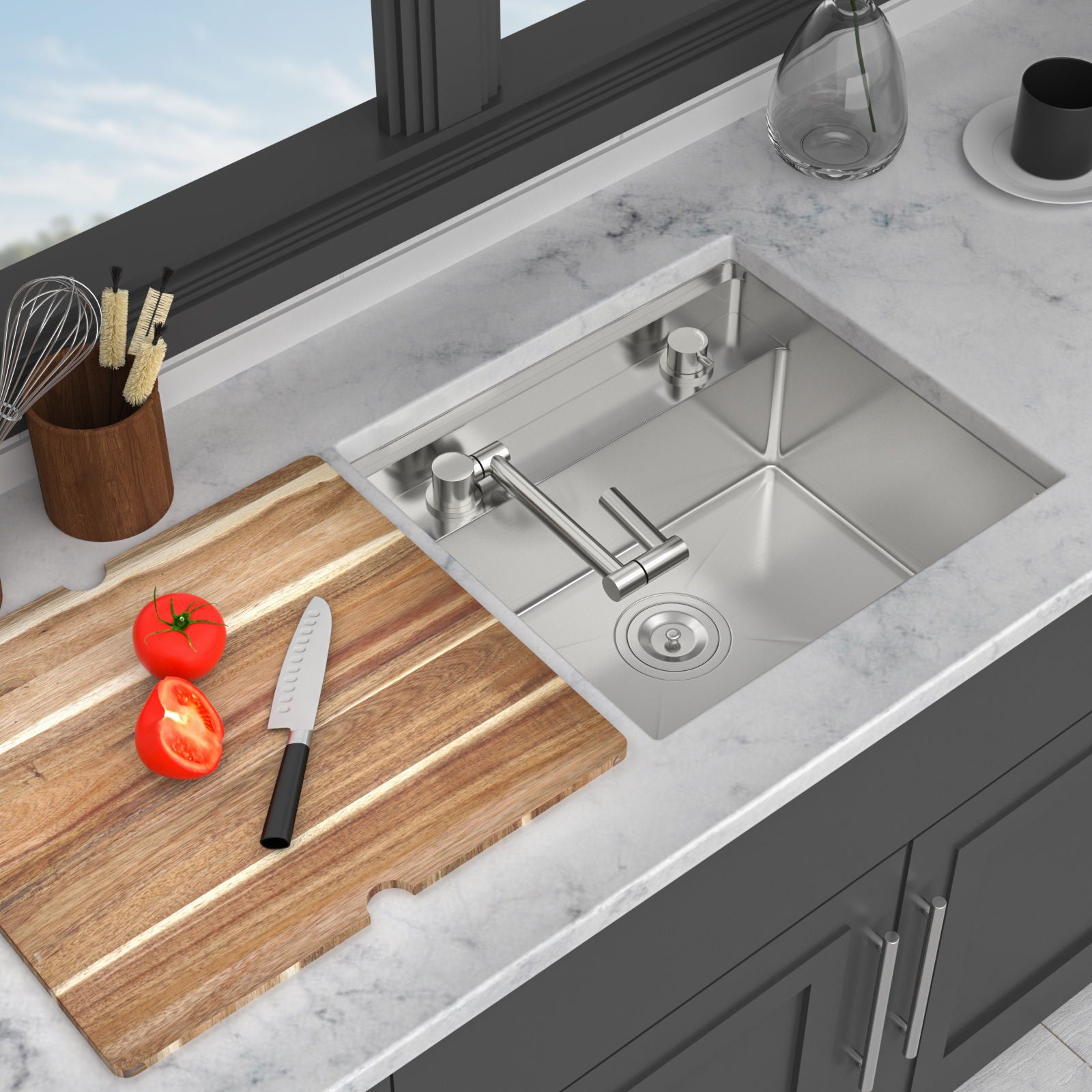 21" Undermount Kitchen Sink With Folding Faucet And Cutting Board Stainless Steel 16 Gauge Workstation - Brushed Nickel