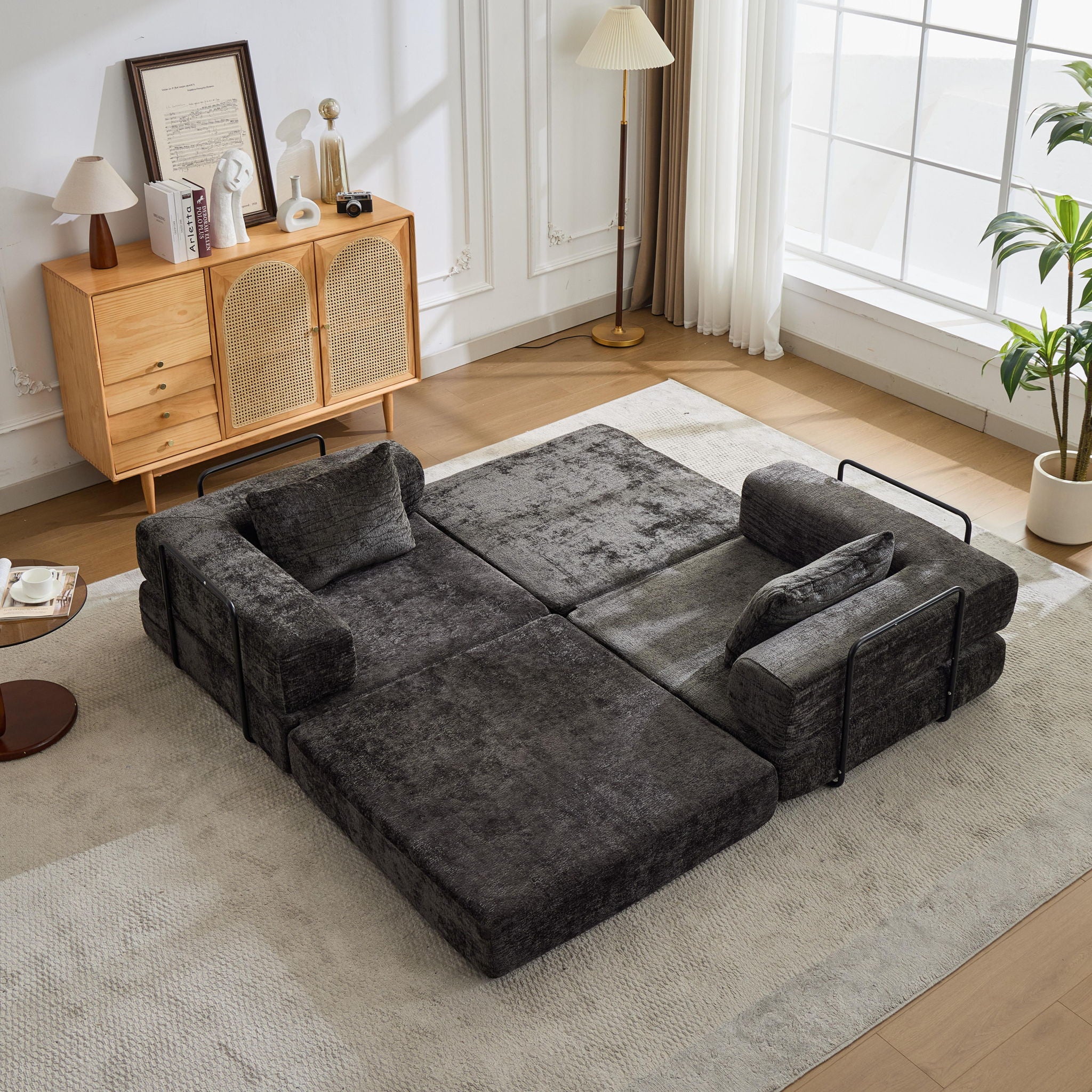 Convertible Floor Sofa Bed With Fixed Shape Frame, Loveseats Boneless Modular Sectional, For Living Room - Black