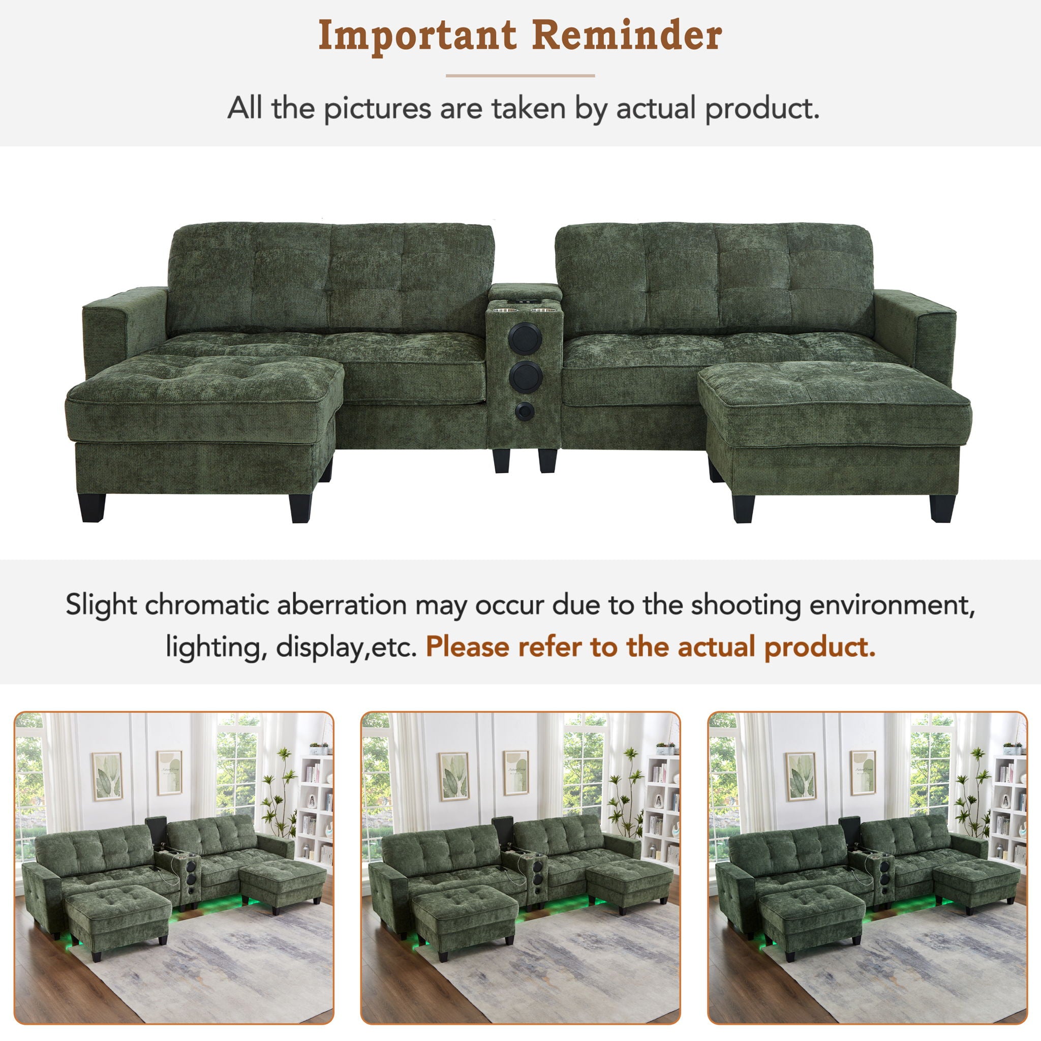 Modern Sectional Sofa U-Shaped With Movable Ottomans, Bluetooth Speakers, LED Lights And Modular Storage