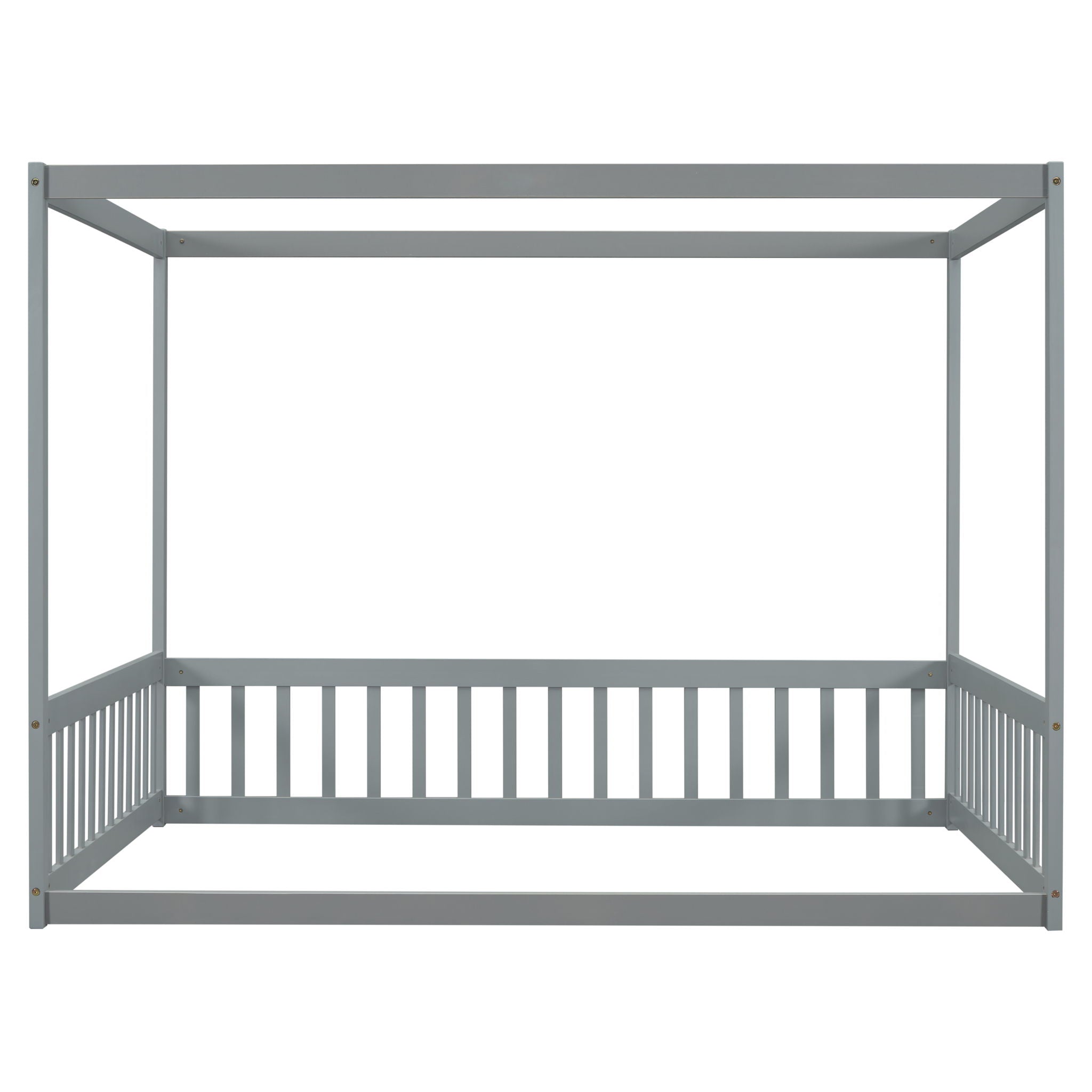 Canopy Frame Floor Bed With Fence, Guardrails