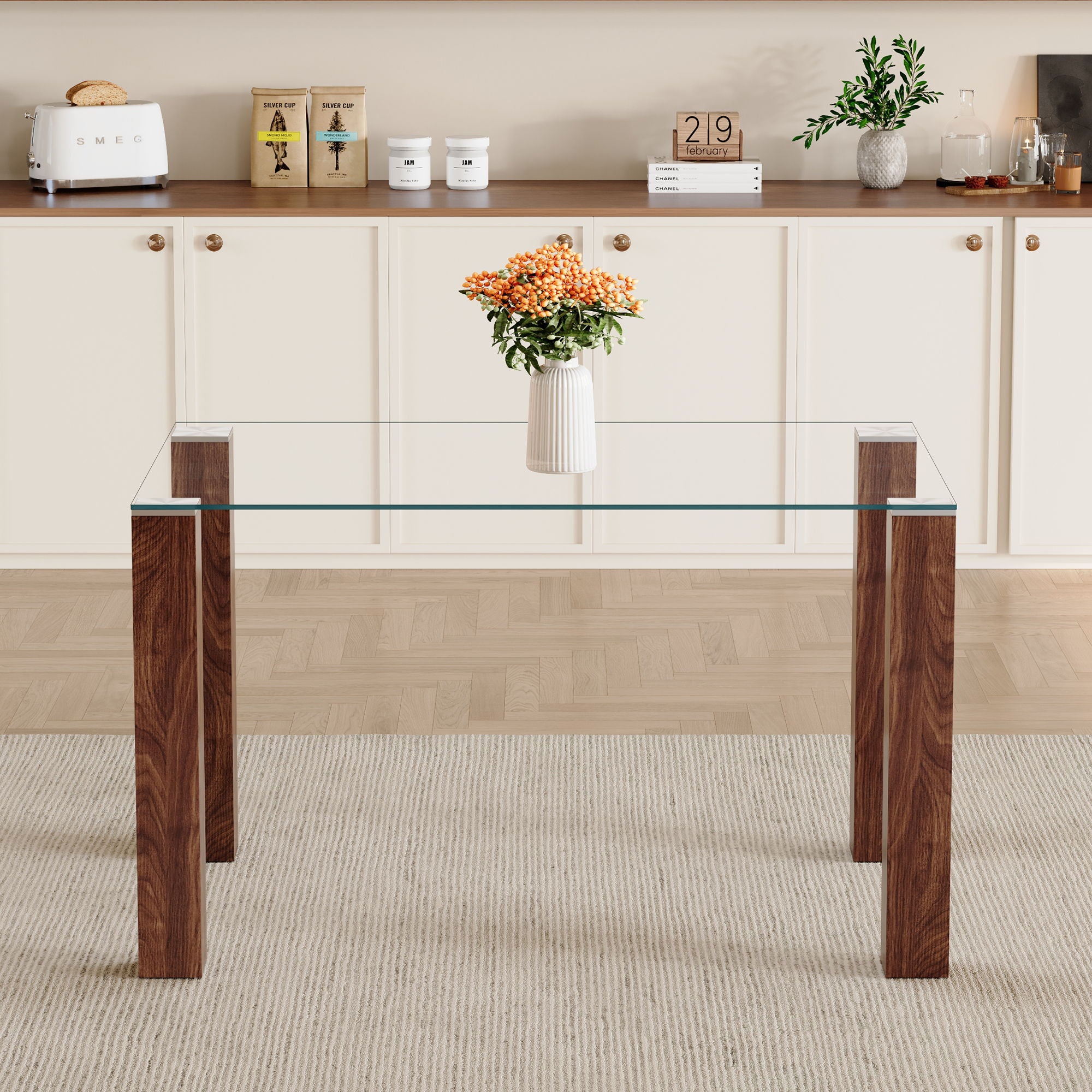 Transparent Tempered Glass Dining Table With Wood Grain Legs - Transparent / Walnut