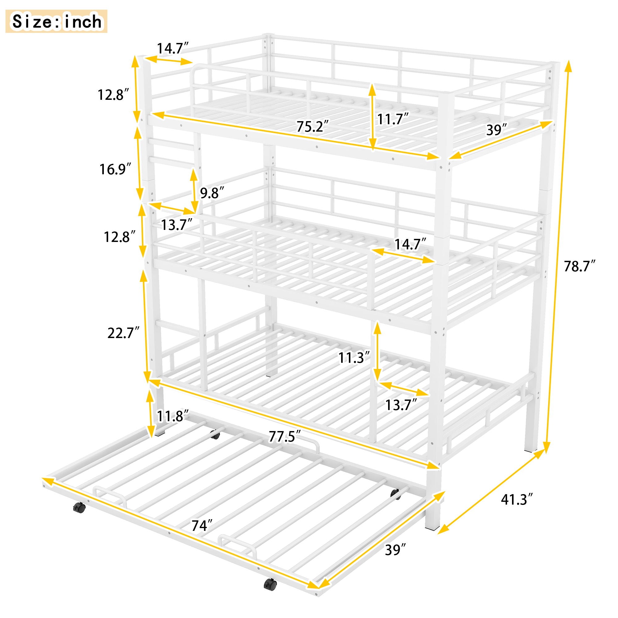 Triple Bunk Bed With Trundle, Heavy Duty Steel Construction