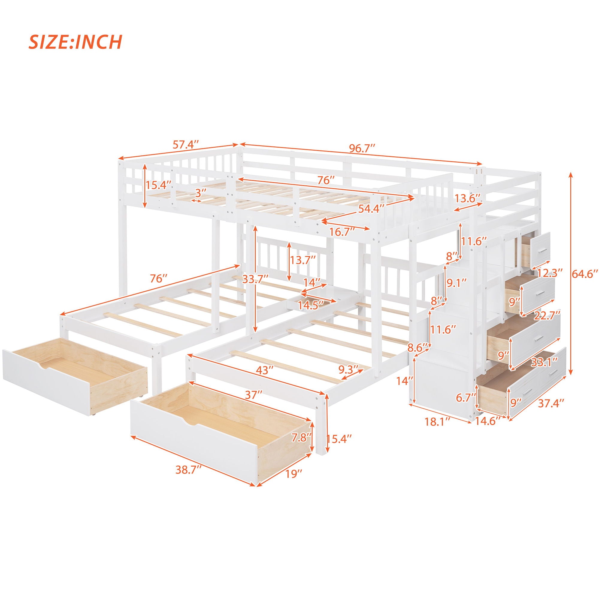 Multifunctional Triple Bunk Bed With Drawers And Guardrails