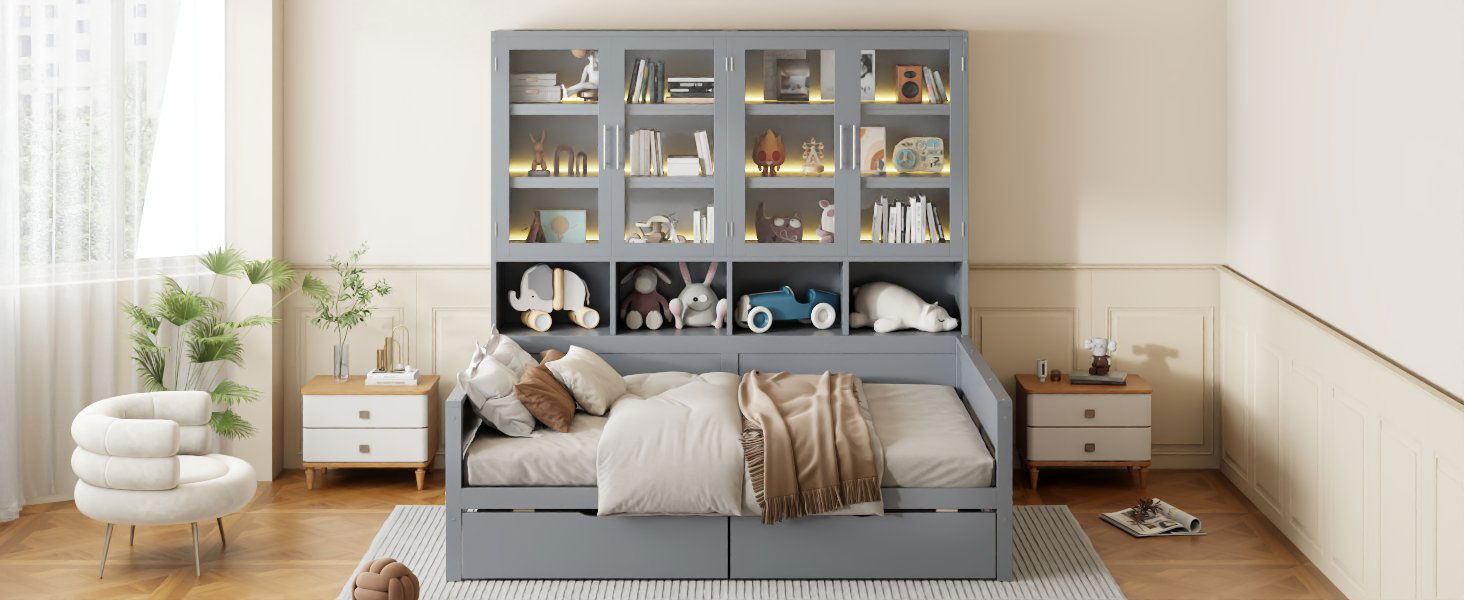 Daybed With Glass Door Storage Cabinets, Built In LED Lighting And Shelves