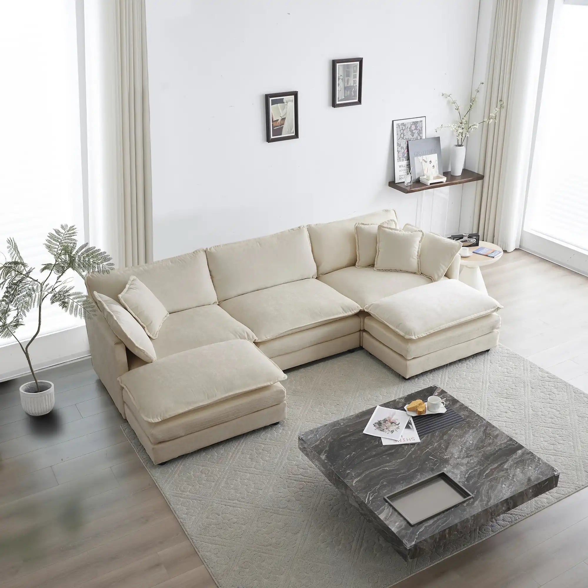 5-Seater U-Shaped Sofa with Reversible Footrest, Modern Beige Chenille