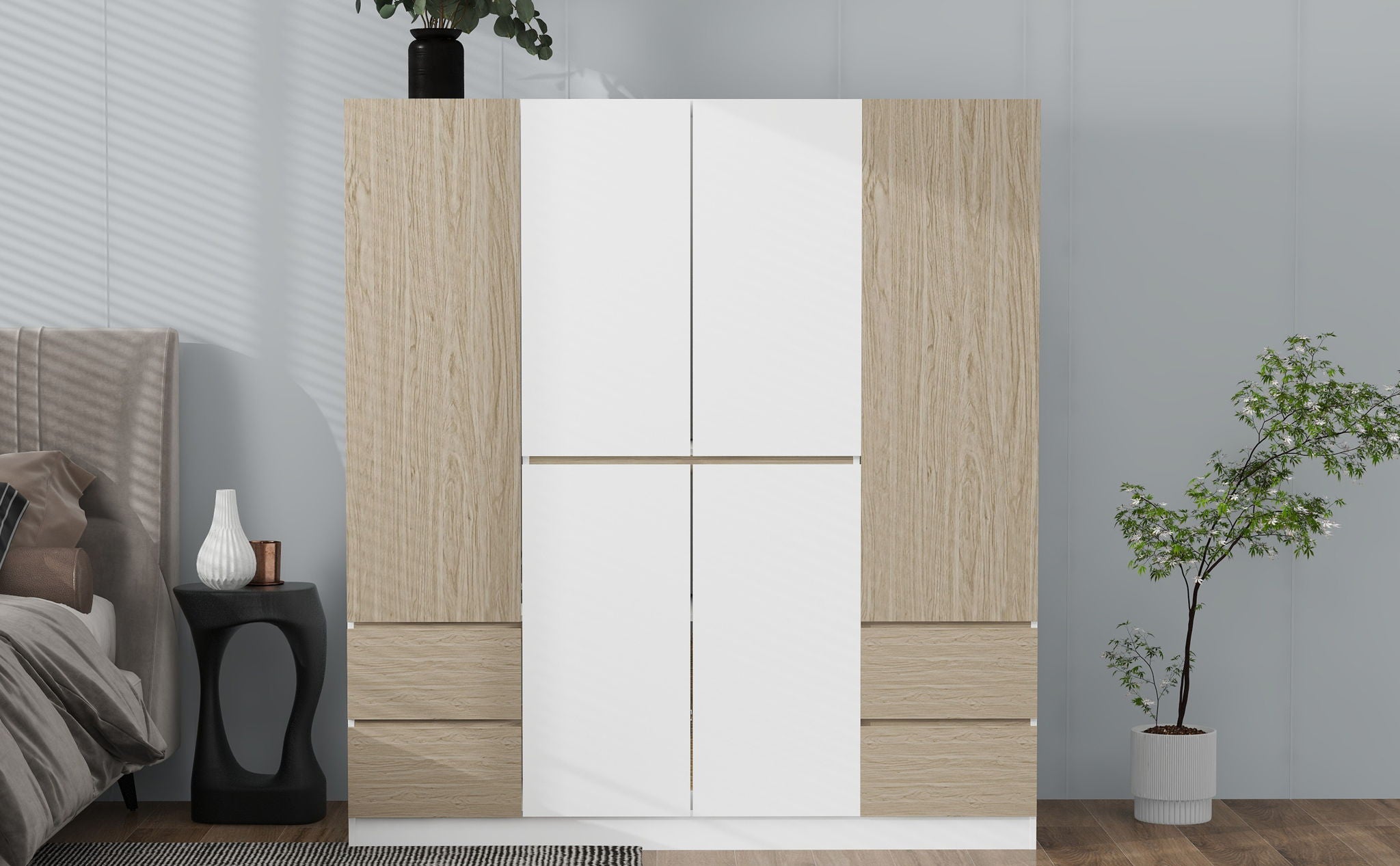 6 Doors Wardrobe Storage For Bedroom, With 4 Drawers - White / Nature