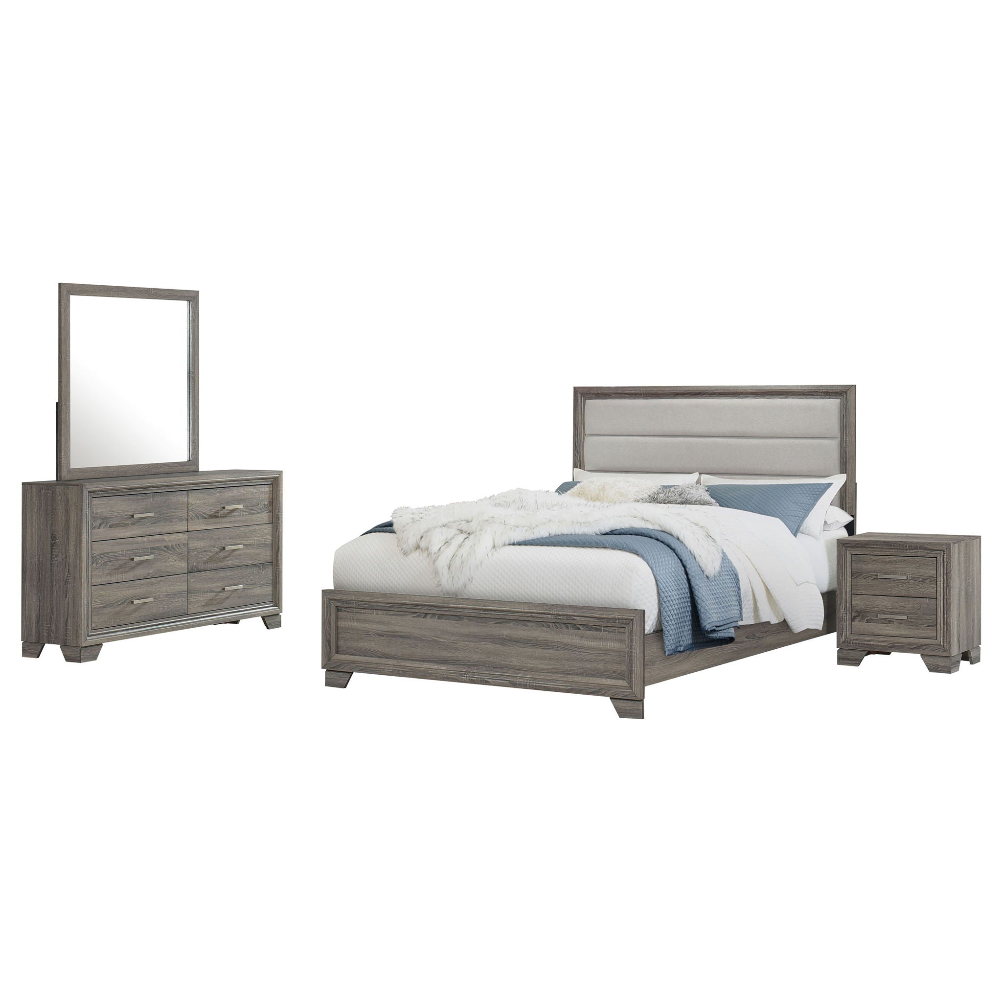 Funston - 4 Piece Queen Bedroom Set With Upholstered Headboard - Oak