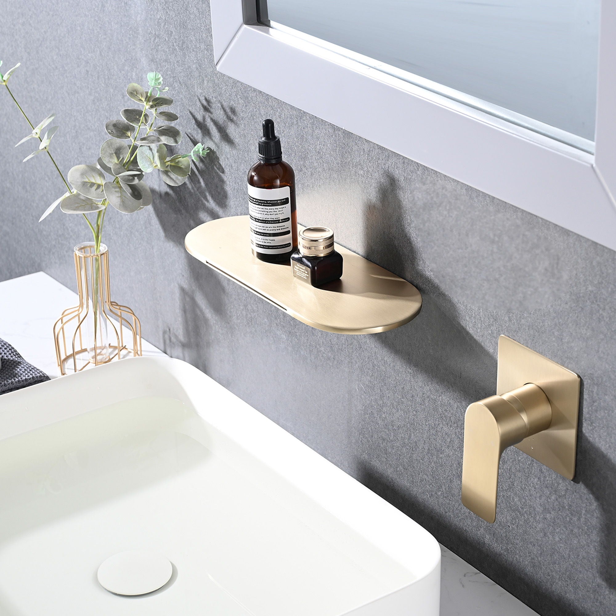 Modern Wall Mount Bathtub Faucet Single Handle With Waterfall Tub Spout And Rough - Brushed Gold