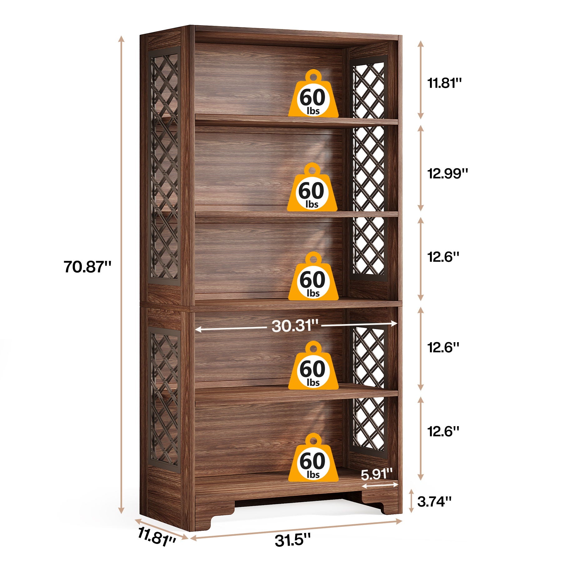 6 Tier Brown Mid Century Bookcase With X Design For Living Room - Brown