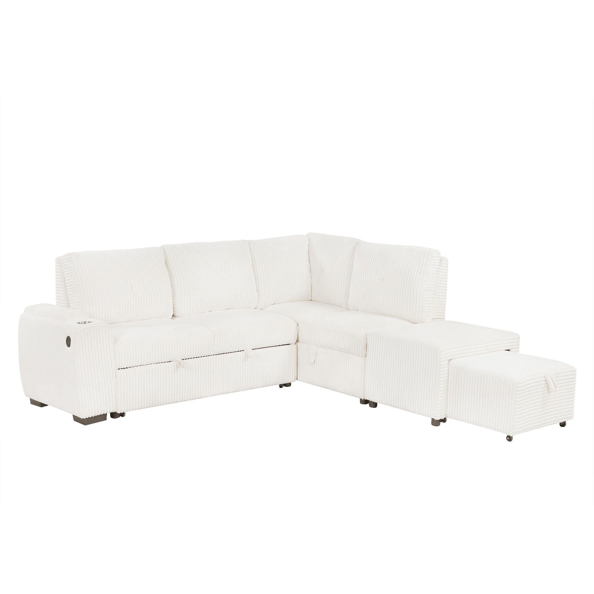 Pull-Out L-Shaped Sectional Sofa With Movable Ottoman And Stool, Large Storage Space, A Cup Holder, And 2 USB Ports For Living Room