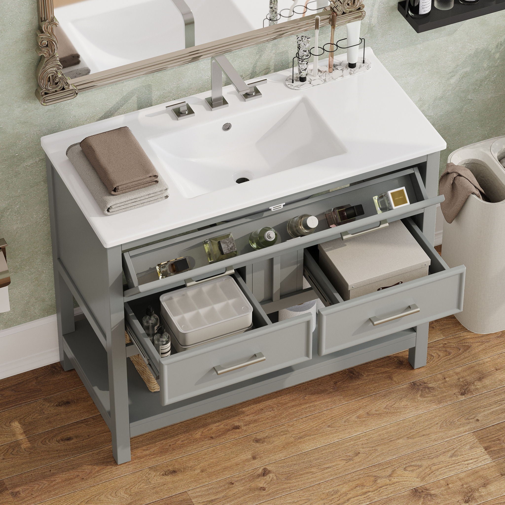 Bathroom Vanity With Ceramic Sink, Tip Out Tray & 2 Full Extension Drawers