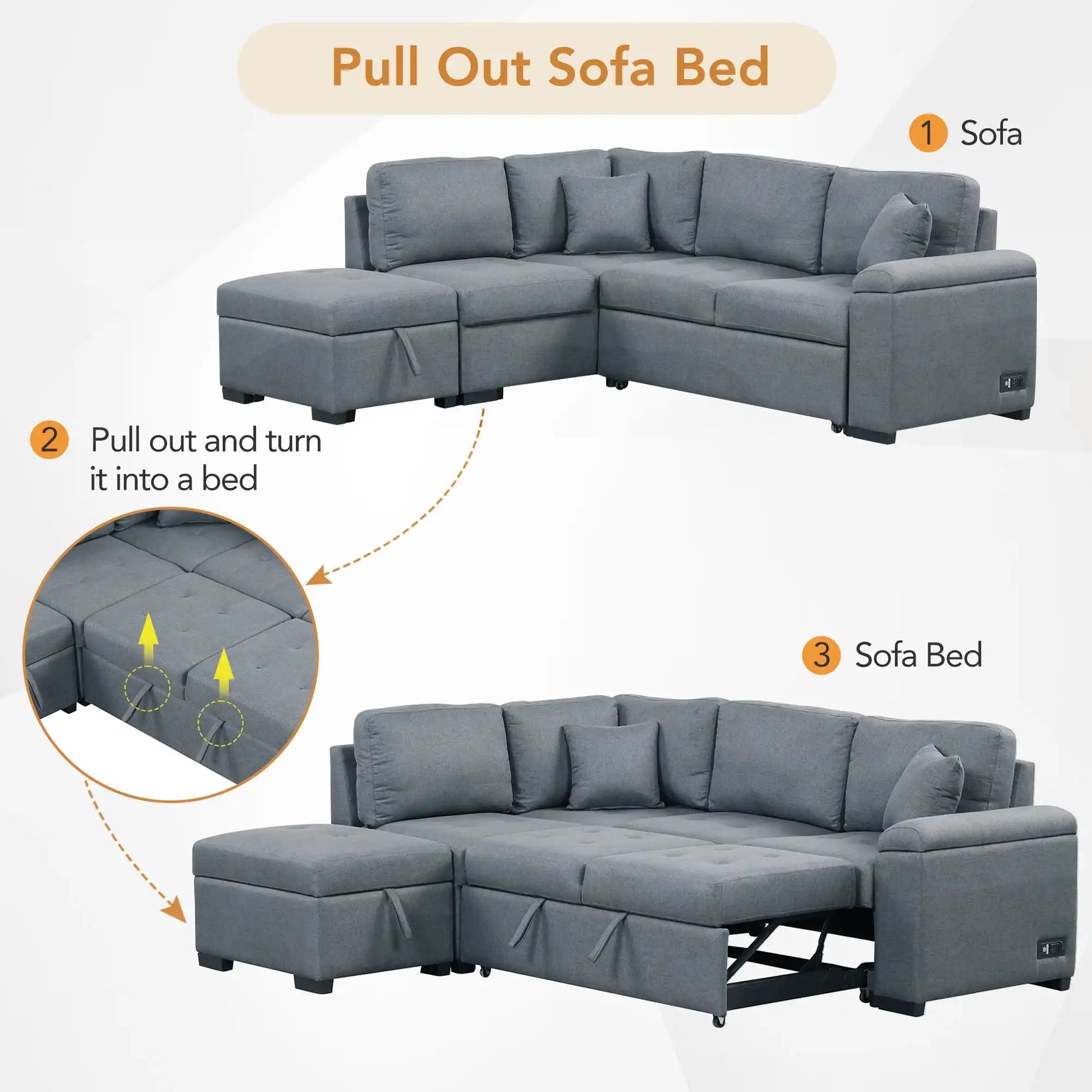 Sleeper Sectional Sofa, L-Shape Corner Couch Sofa-Bed with Storage Ottoman - Best Buy Furniture