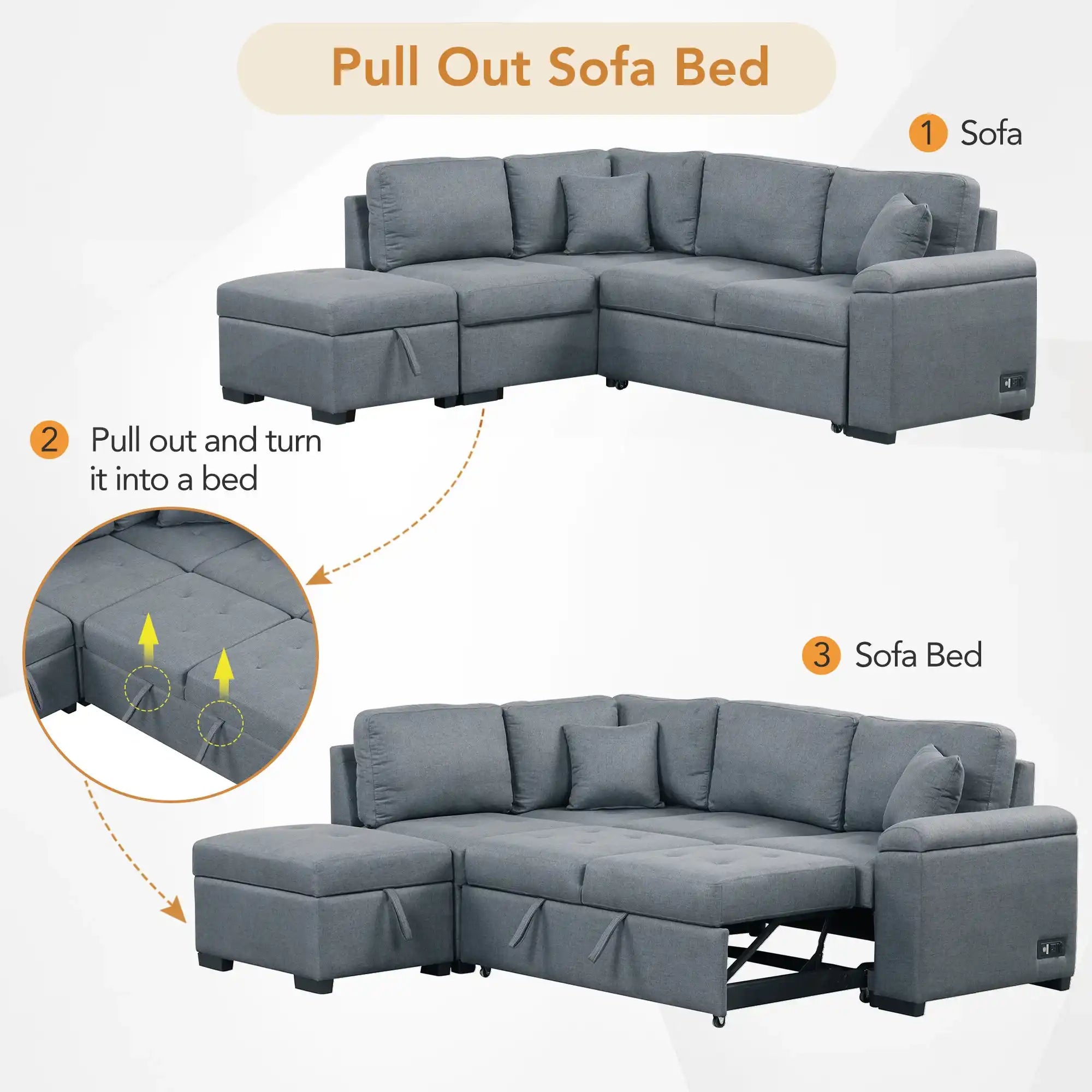 Sleeper Sectional Sofa, L-Shape Corner Couch Sofa-Bed with Storage Ottoman - Best Buy Furniture