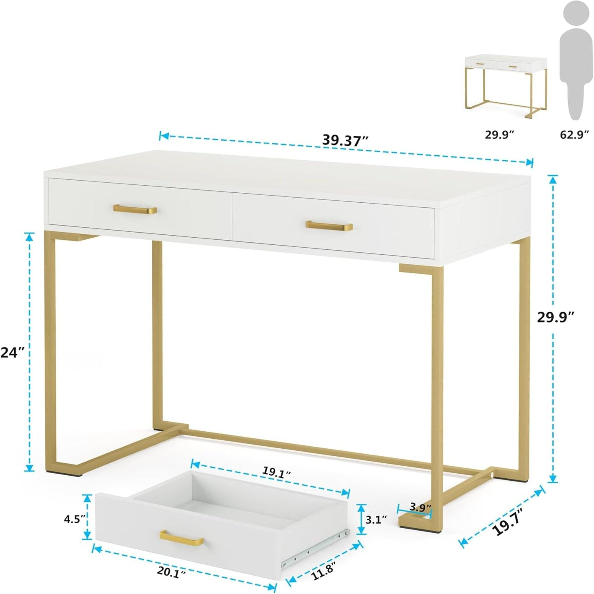 Minimalist Home Office Computer Desk With 2 Drawers, Compact Writing Table For Small Spaces - White / Gold