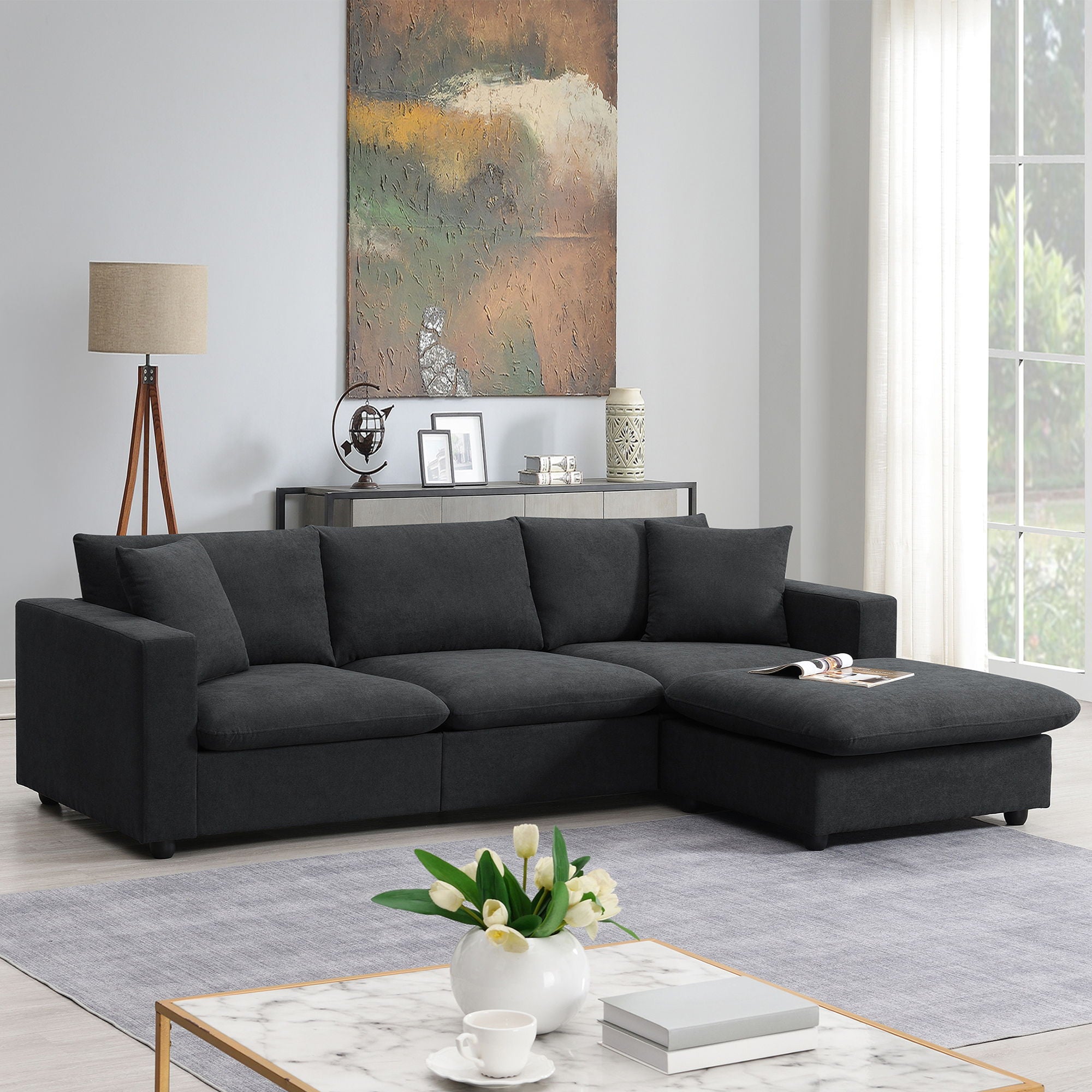 Modern Sectional Sofa, L-Shaped Couch Set With 2 Free Pillows, 4-Seat Polyester Fabric Couch Set With Convertible Ottoman For Living Room, Apartment, Office
