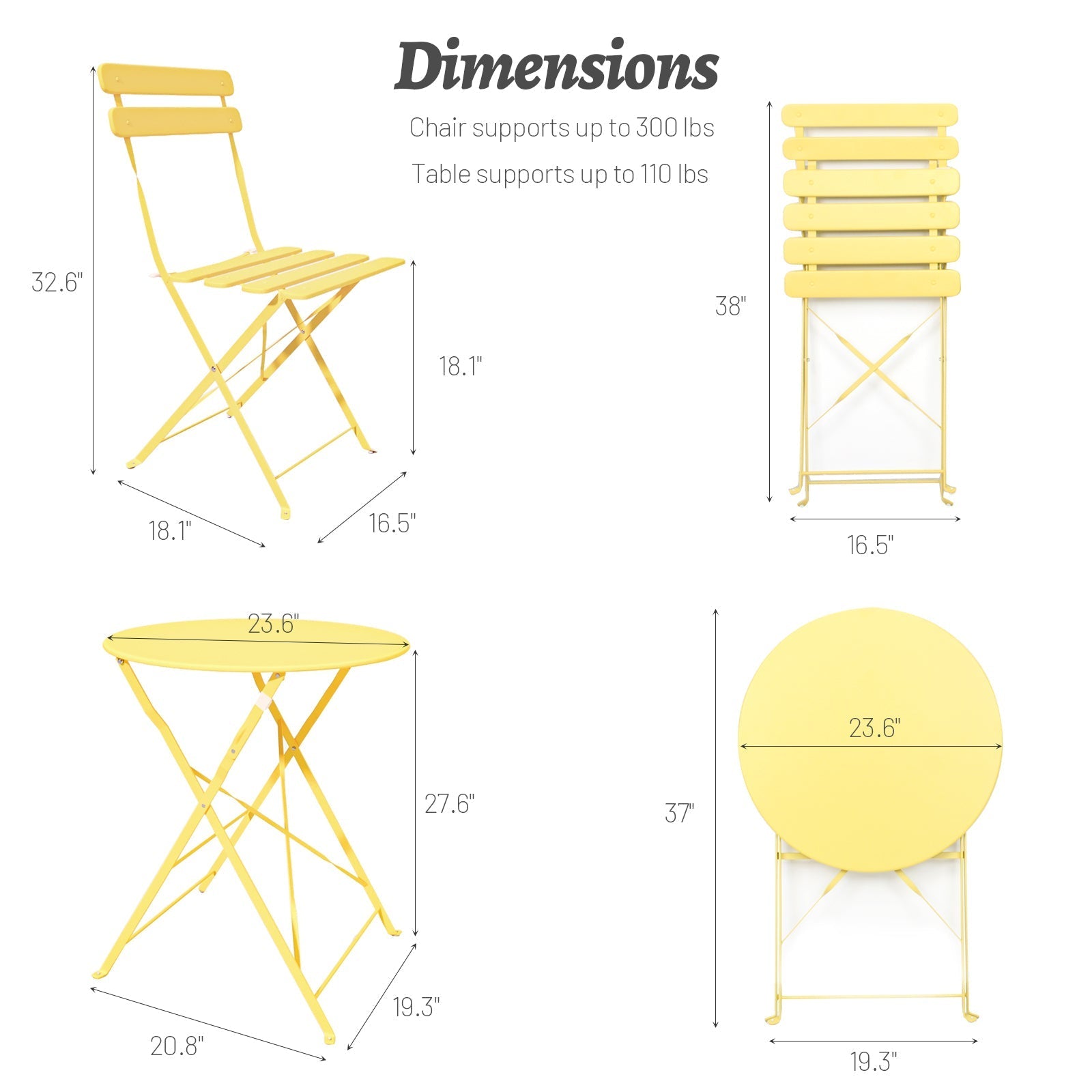 3 Pieces Patio Bistro Balcony Metal Chair Table Set - Yellow