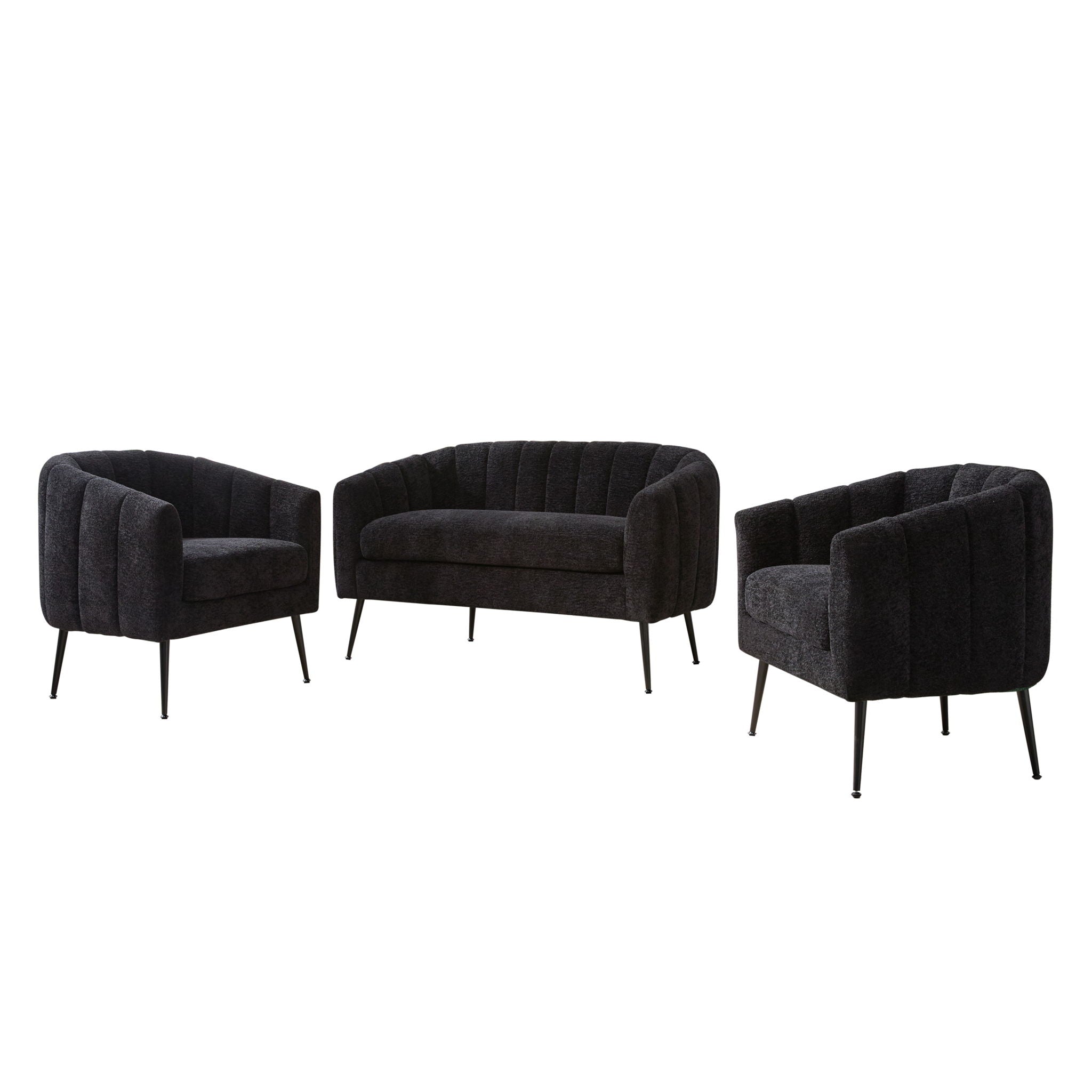 3 Piece Living Room Furniture Set Sofa & Armchairs - Black