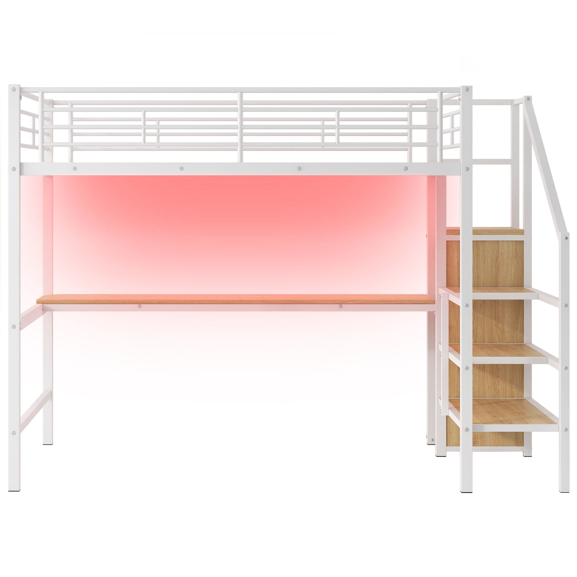 Loft Bed With Desk, Storage Staircase, Small Wardrobe And LED Light