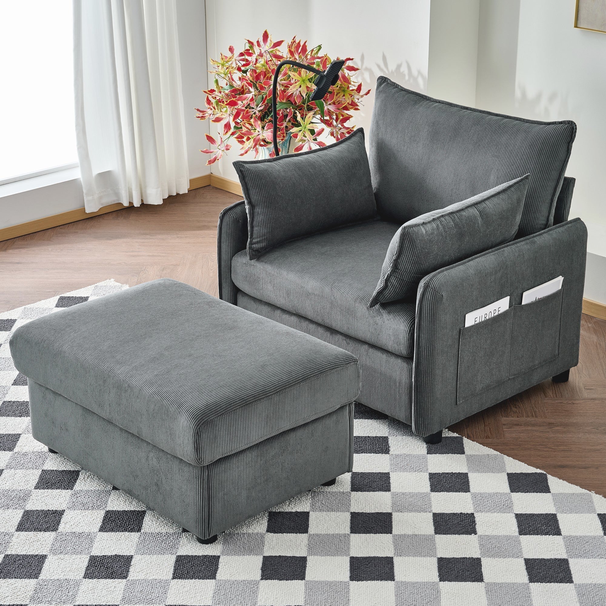Comfy Corduroy Oversized Chaise Lounge Chair with Ottoman and Storage