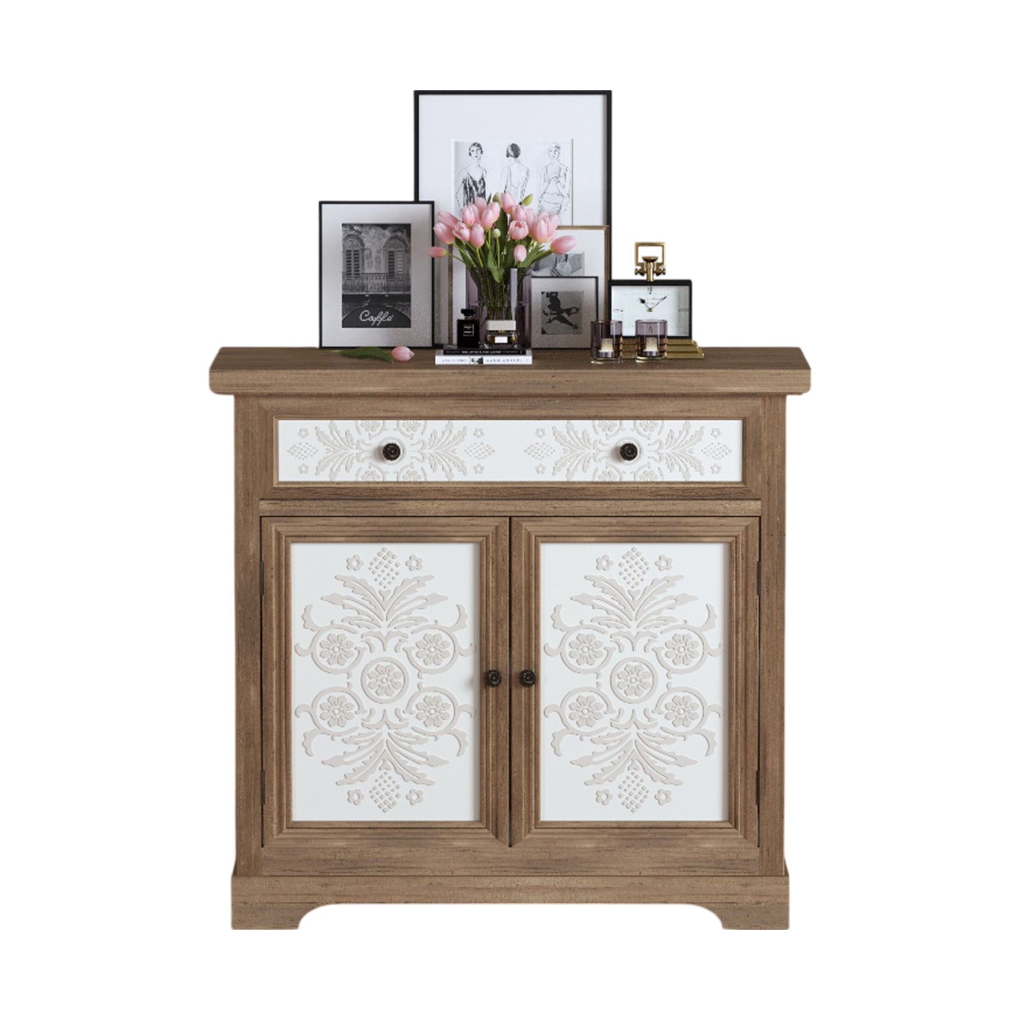 Accent Cabinet With Carved Floral Panels, Sideboard With Drawer And Double Doors - Antique Brown / White