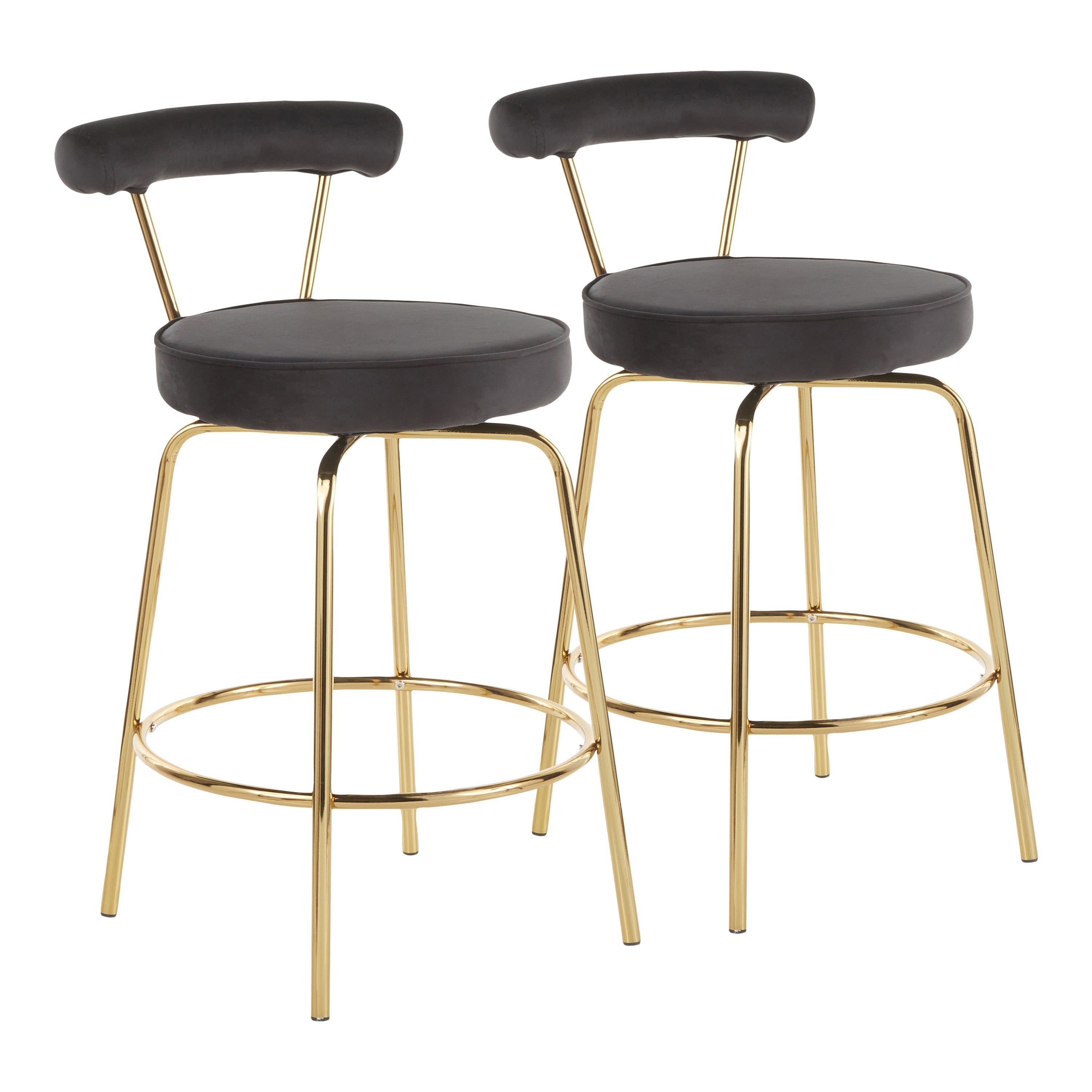 Rhonda Glam Counter Stool in Gold Metal and Black Velvet - Set of 2