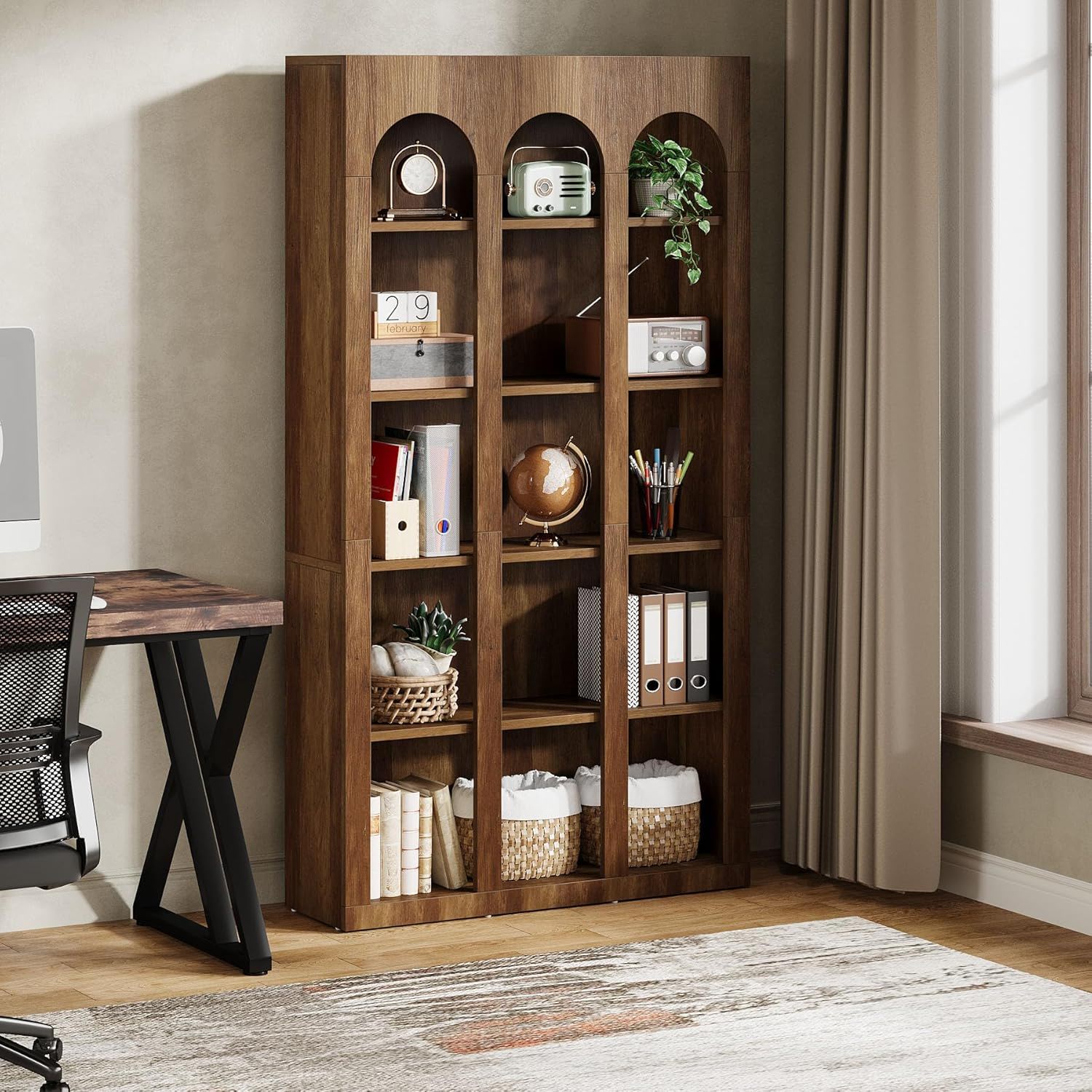 5 Tier Farmhouse Arched Bookcase For Living Room - Rustic Brown
