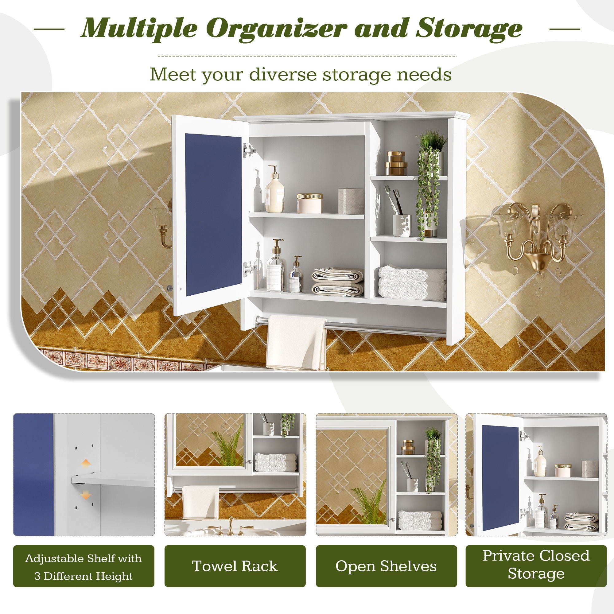 Wall Mount 2 In 1 Mirror Cabinet With Adjustable Shelf, Soft-Closing Hinges