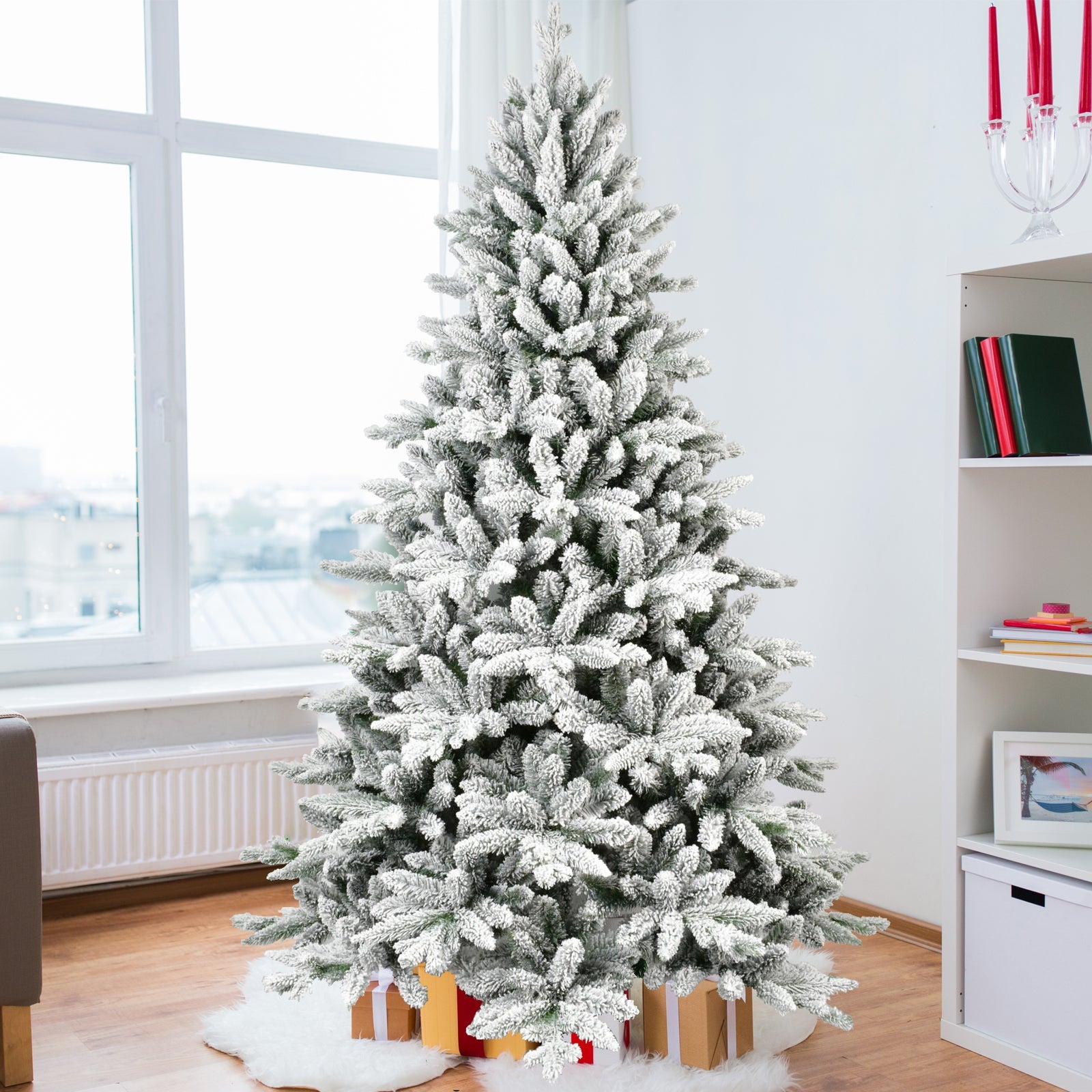 7ft Flocked Christmas Tree with 1514 Tips, Realistic PE+PVC Snowy Hinged Tree with Metal Stand