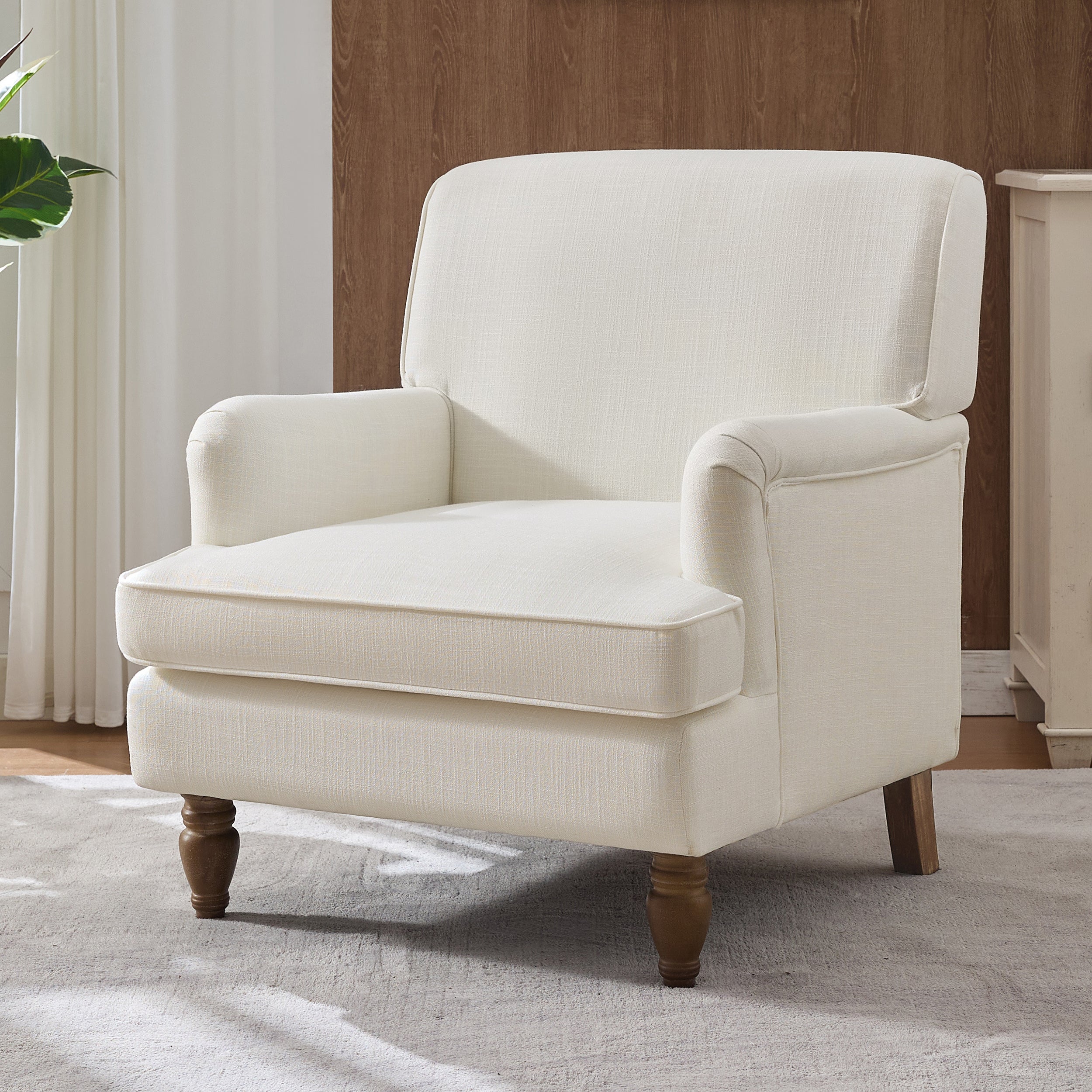 Vintage Upholstered Linen Fabric Armchair with Antique Solid Wood Legs