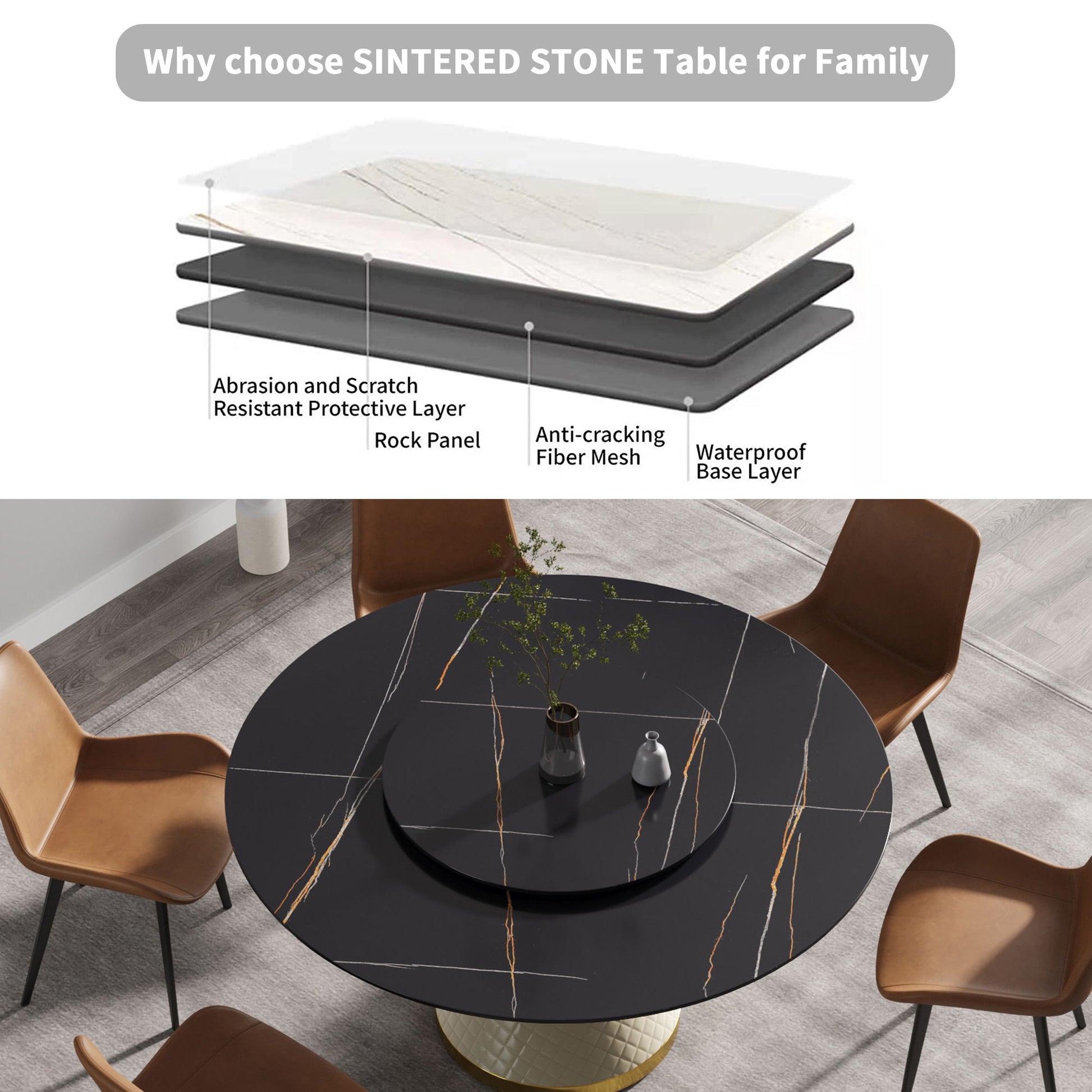 59.05" Modern Artificial Stone Round Carbon Steel Base Dining Table, Can Accommodate 6 People, Artificial Stone Turntable - White / Black - Best Buy Furniture