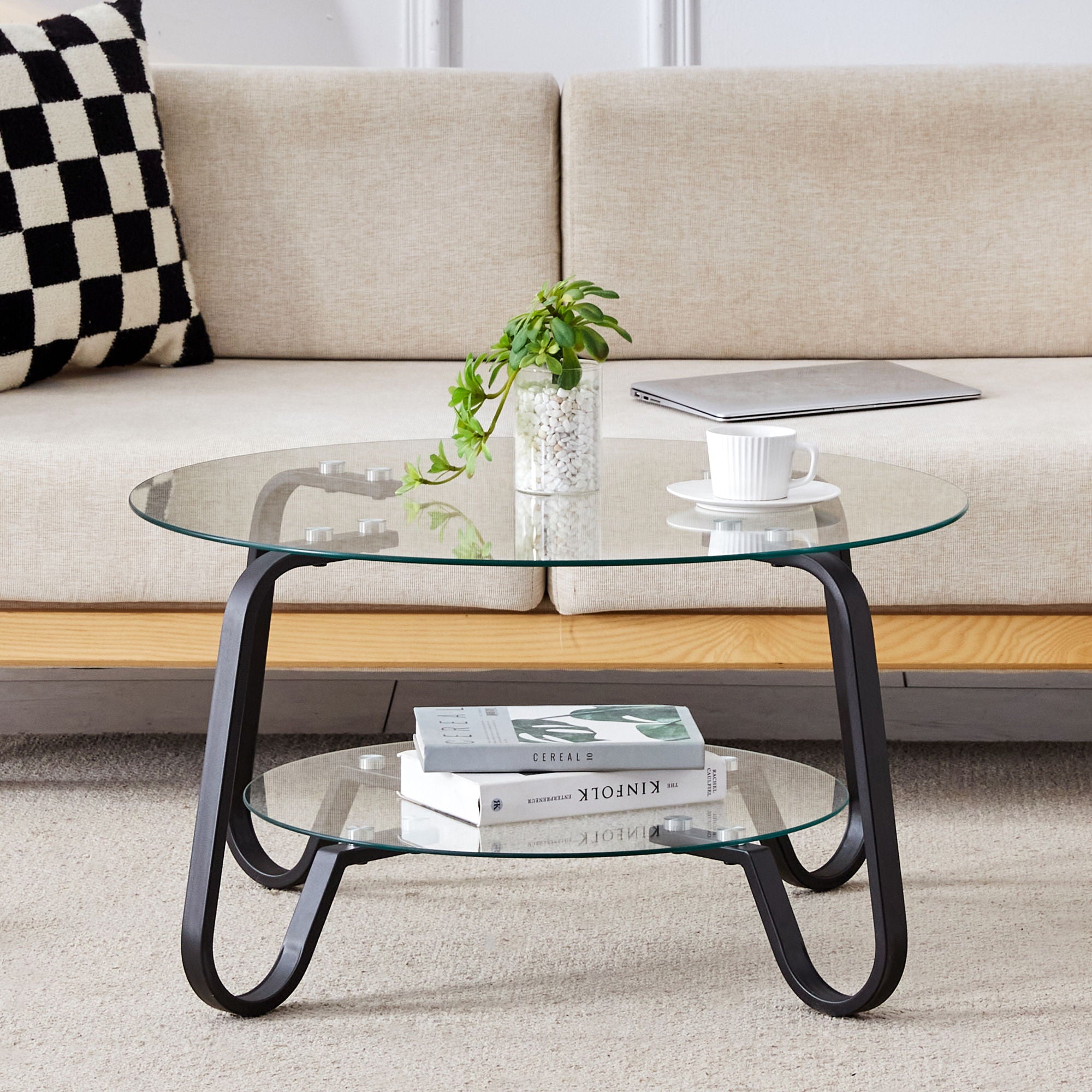 Retro Minimalist Style Metal Frame Double Layer Tempered Glass Coffee Table