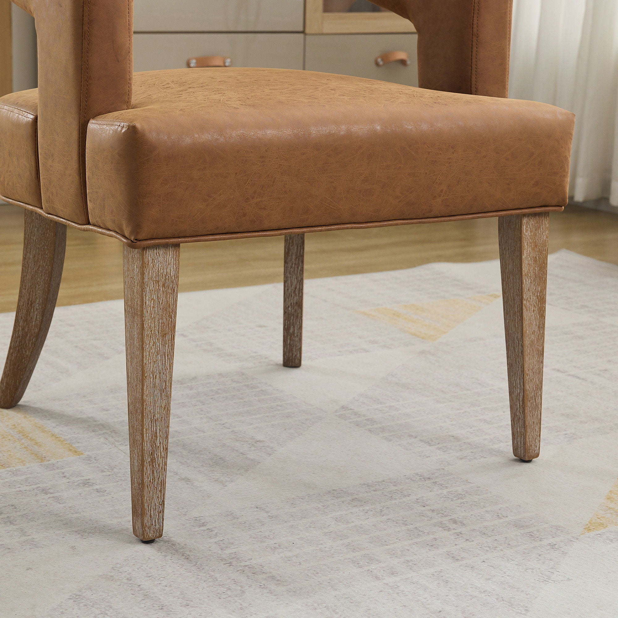 Wide Modern Barrel Open Back Upholstered Accent Chair With Weathered Solid Wood Legs