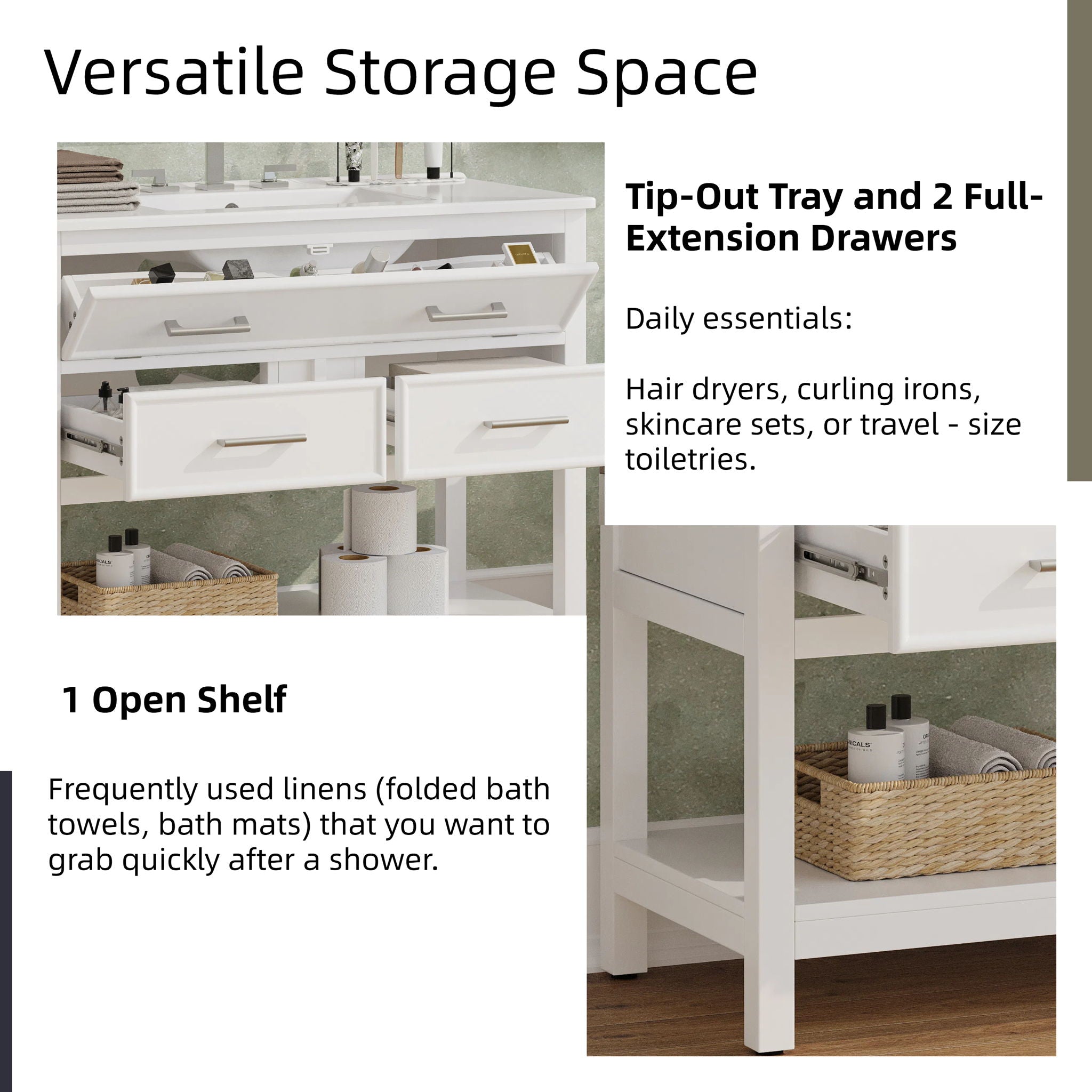 Bathroom Vanity With Ceramic Sink, Tip Out Tray & 2 Full Extension Drawers