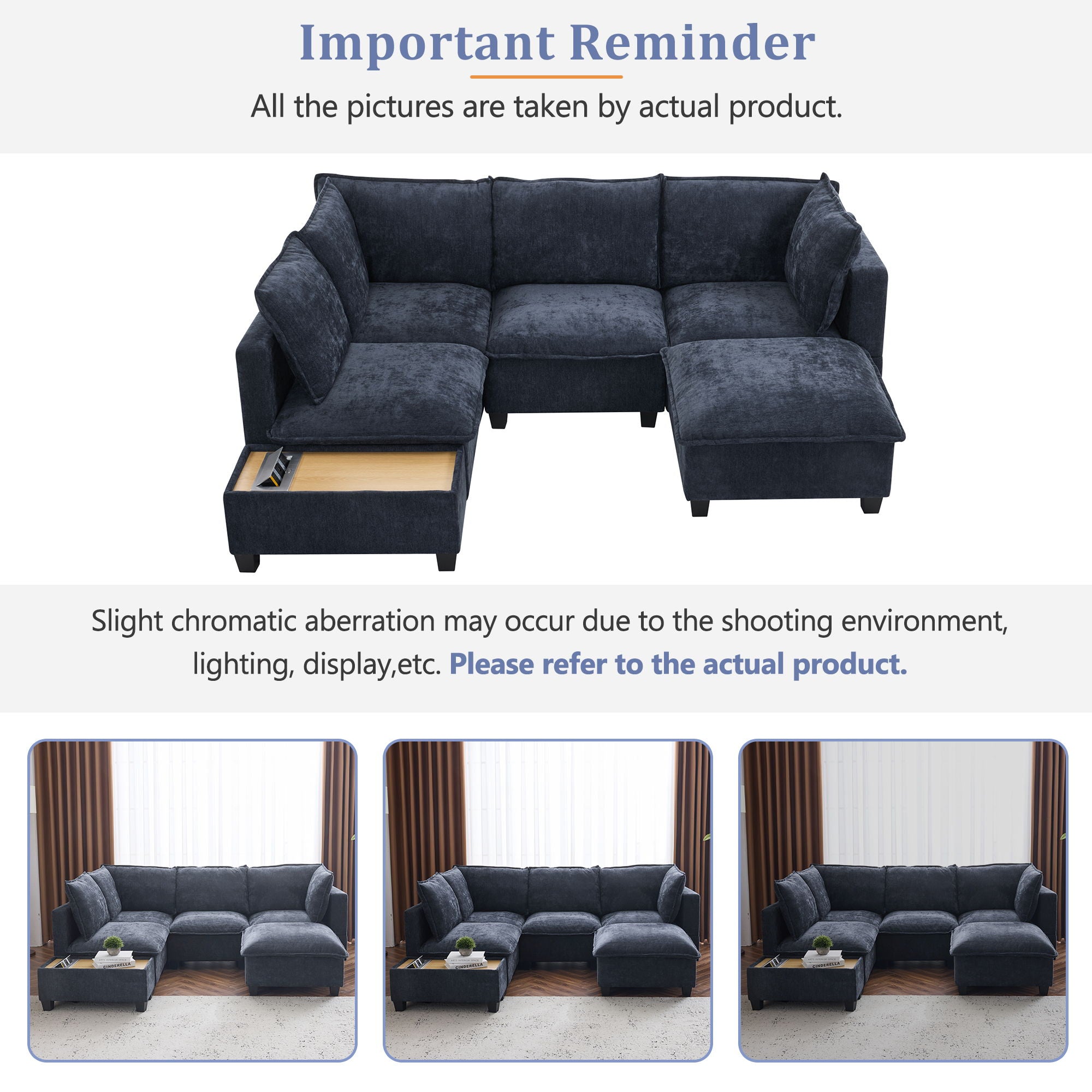 U-Shaped Sectional Modular Sofa With A Movable Ottoman, A Coffee Table With Hidden Charging Devices For Living Room