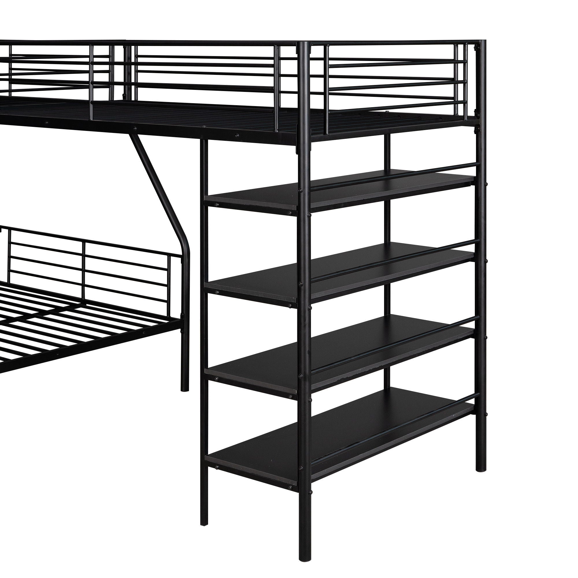 L-Shaped Twin Over Full Bunk Bed And Twin Loft Bed With 4 Built In Shelves - Black