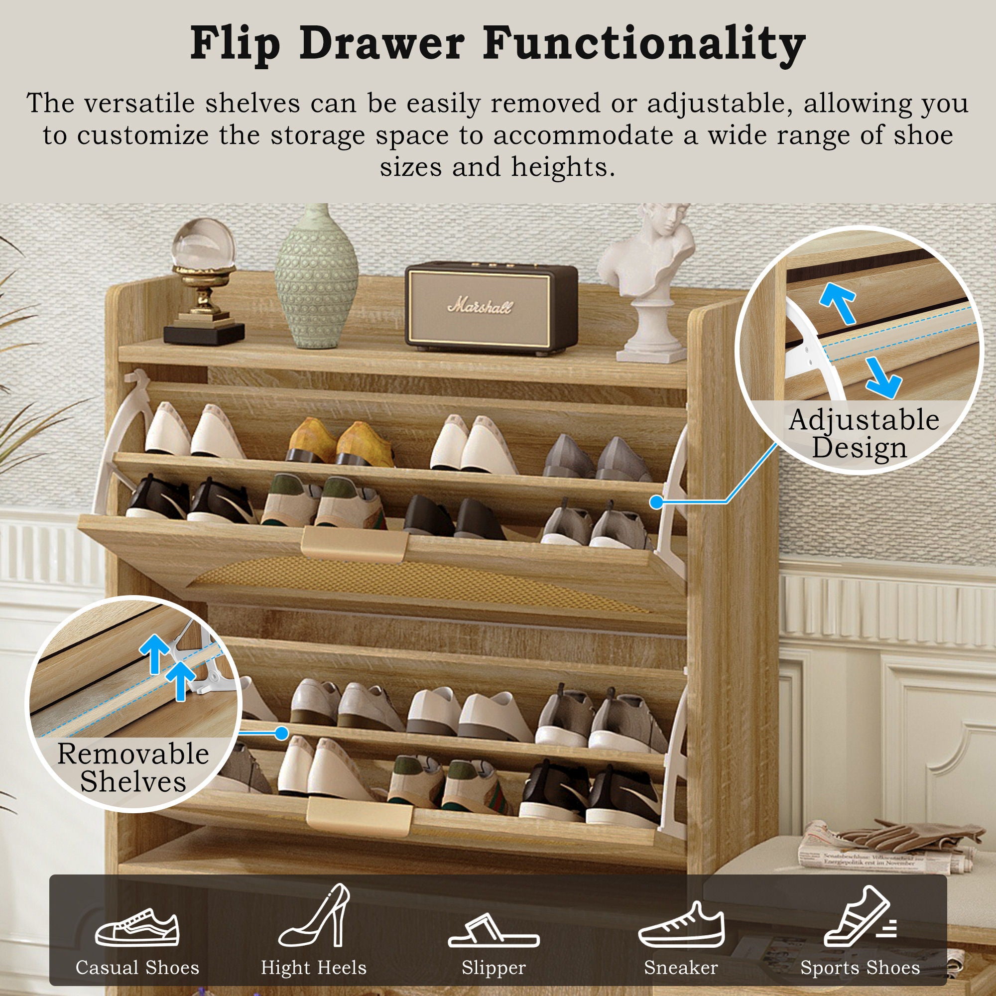 Shoe Storage Cabinet Rattan Shoe Storage Organizer With 2 Flip Drawers, A Storage Drawer And A Bench For Entryway, And Hallway - Light Brown