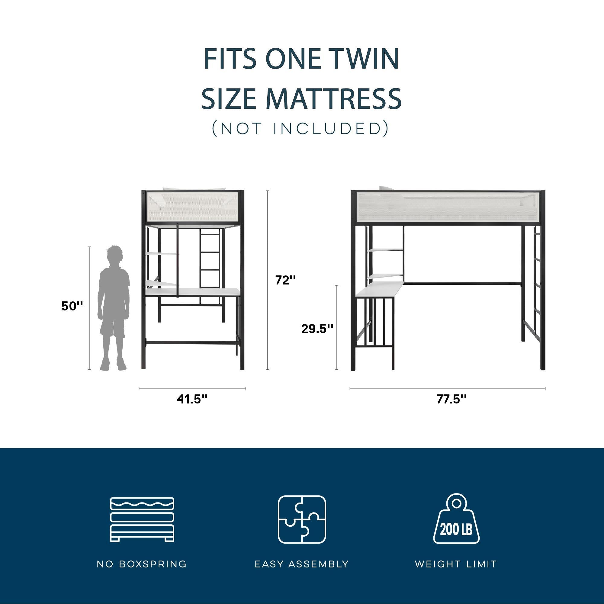 Axel - Twin Loft Bed With Desk & Shelves - Black