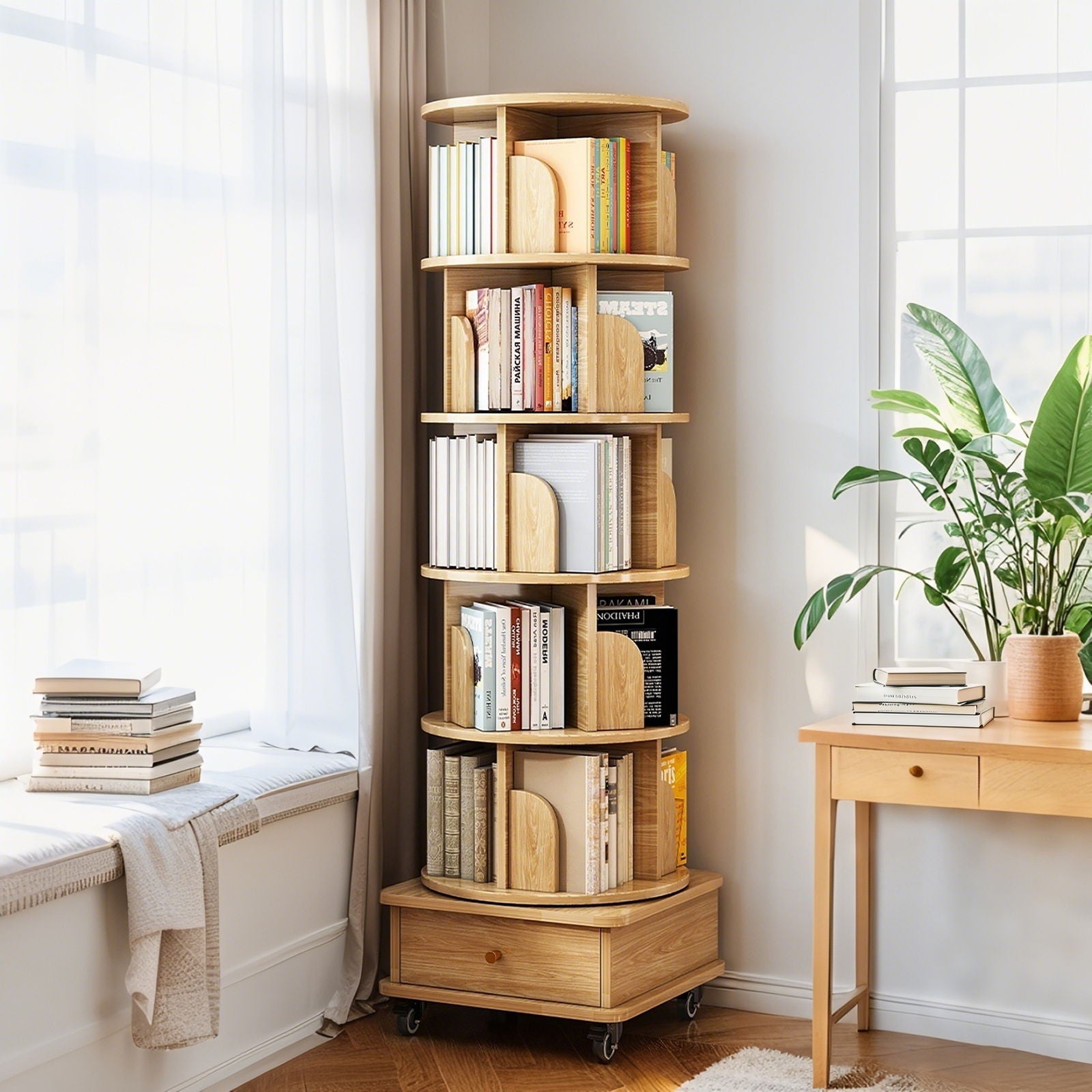 Rotating Bookshelf With Wheels And Drawer, 360° Spinning Design, Space Saving Storage