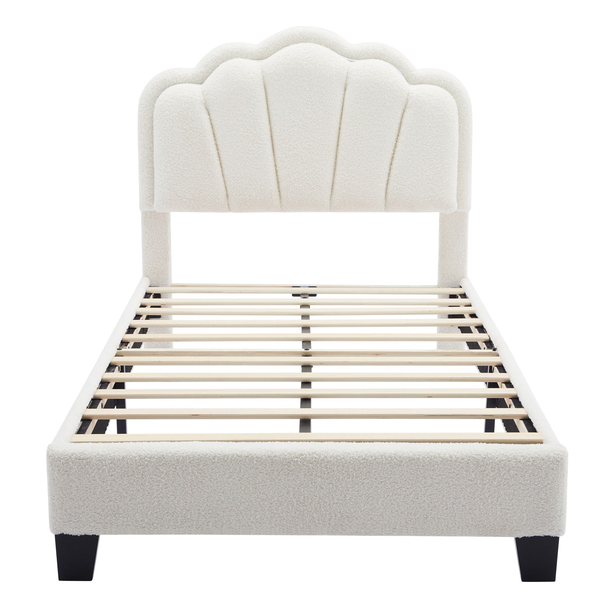 Upholstered Elegant Flowers Headboard With LED Light Strip, Platform Bed With Slats Support
