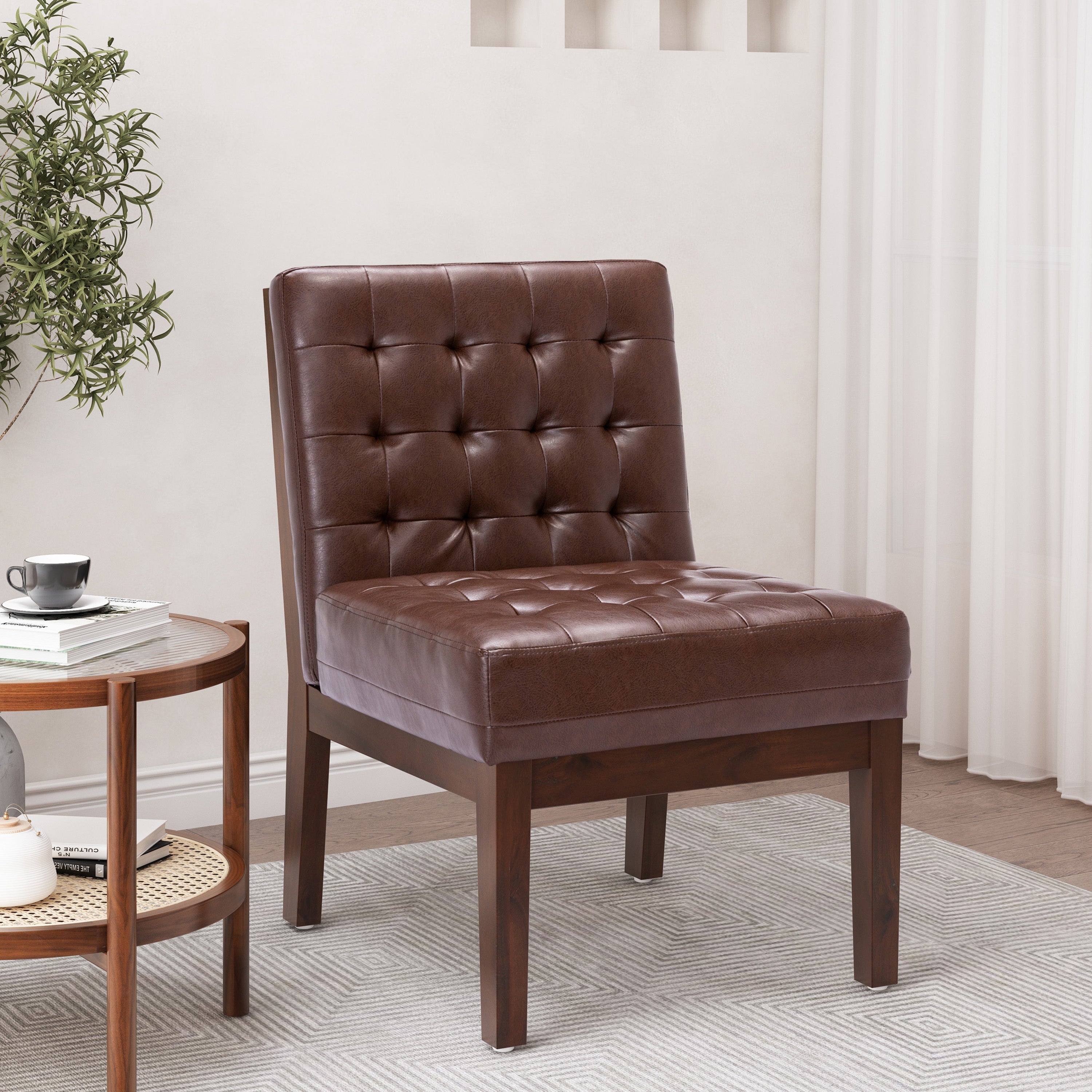 Contemporary Dark Brown Accent Chair with Tufted Waffle Stitch and PU Upholstery