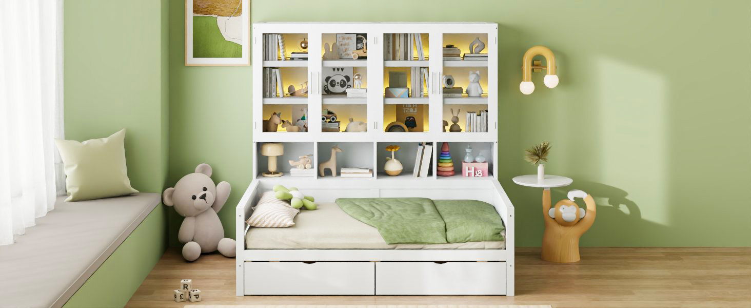 Daybed With Glass Door Storage Cabinets, Built In LED Lighting And Shelves