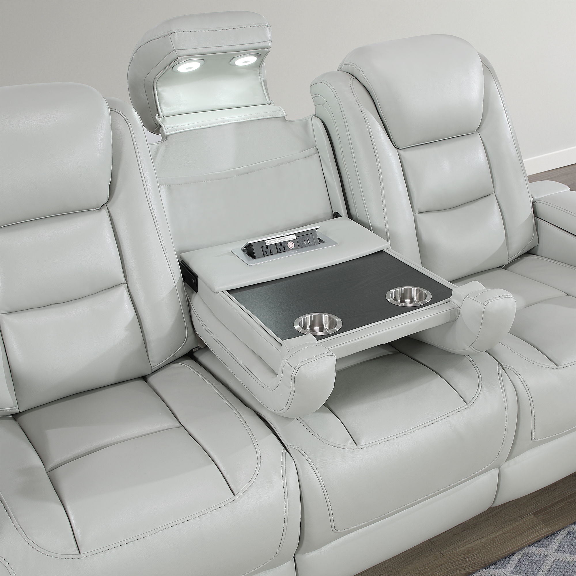 Power Sofa With USB LED Headrest, Bookshelf Arms, And Storage - Grey