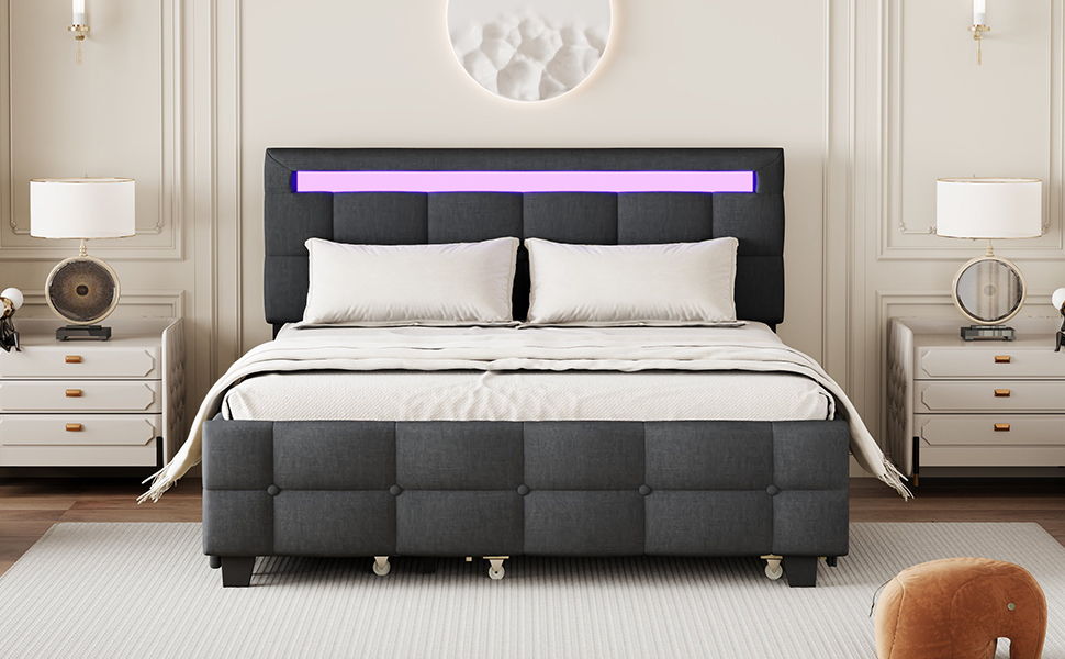 Upholstered Platform Bed With LED Frame, With Trundle And 2 Drawers