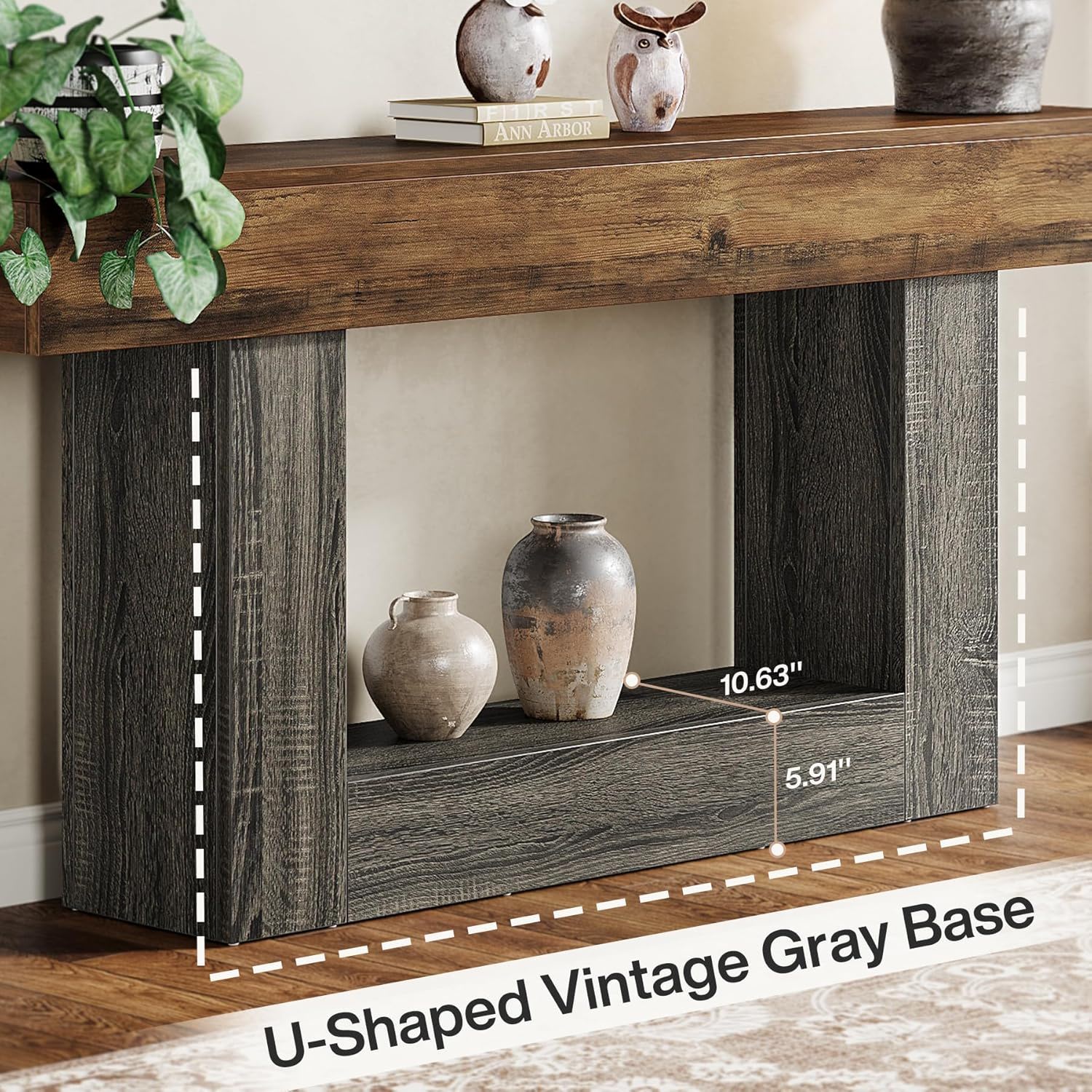Console Table With 2 Tier Storage, U Shaped Base