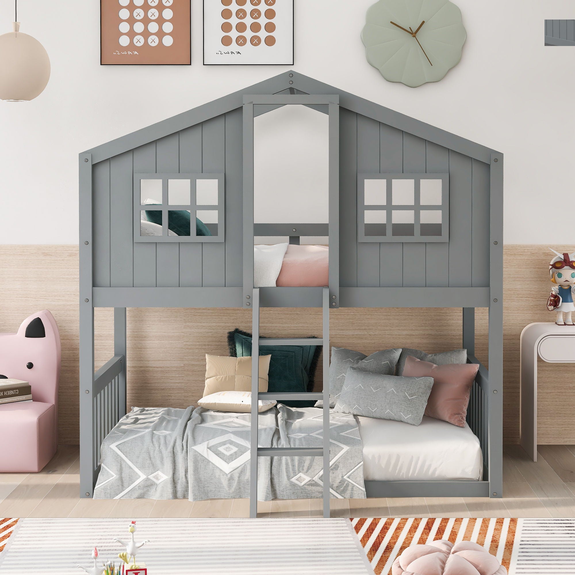 House Bunk Bed With Ladder, Wood Bed