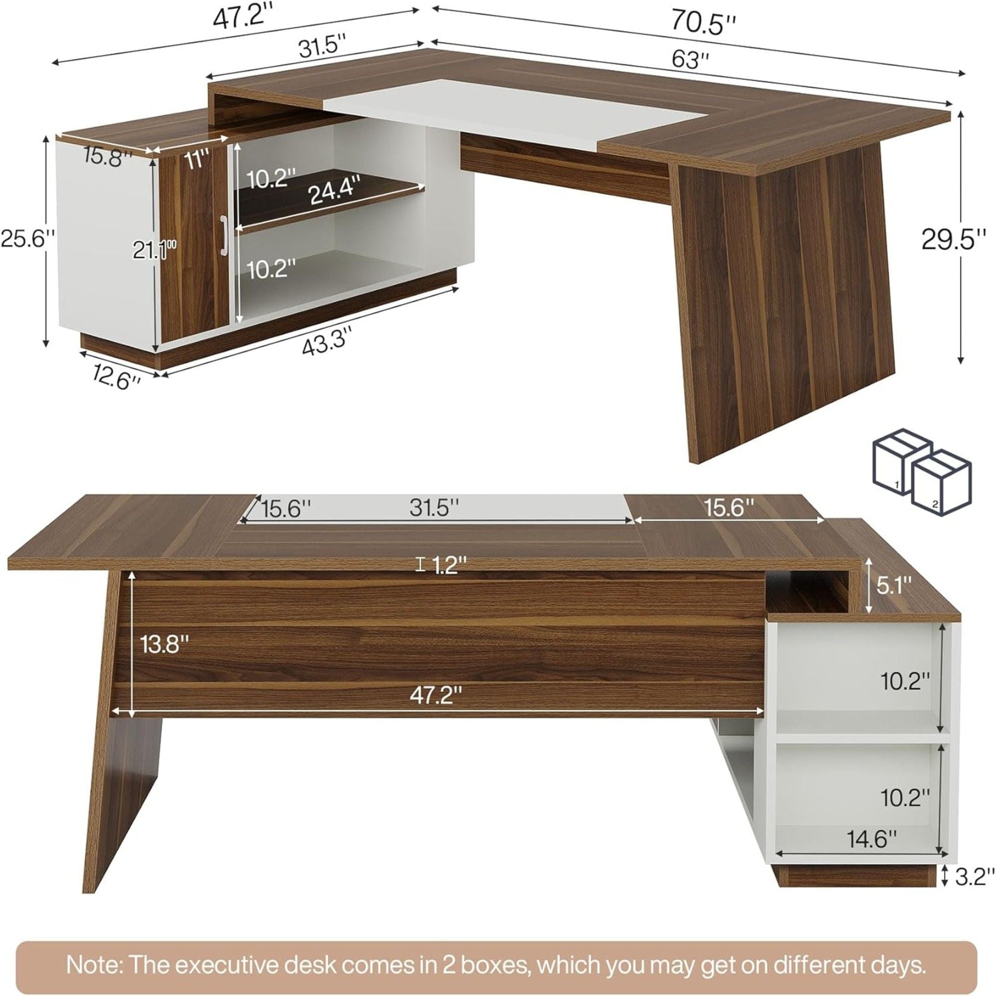 L-Shaped Executive Desk With Storage Cabinet And Shelves For Home Office - White / Walnut