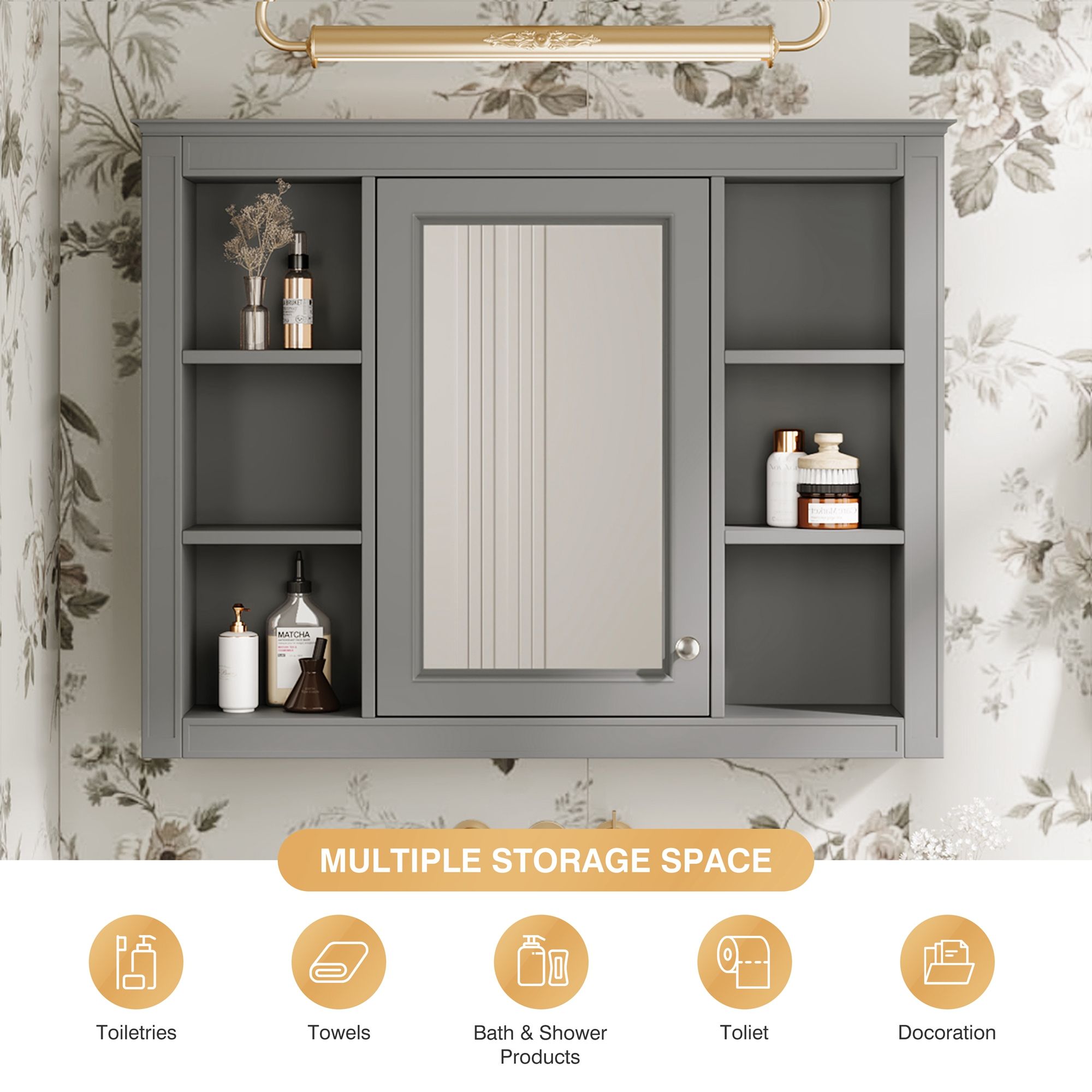Wall Mounted Medicine Cabinet With Mirror, Storage Cabinet Featuring 6 Open Shelves And Adjustable Interior